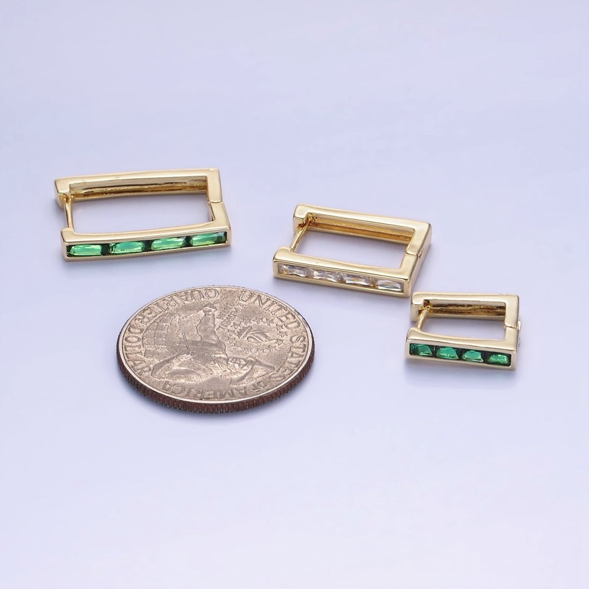 14K Gold Filled Green Baguette CZ Lined Rectangular Hoop Earrings | AB1340 - AB1342 - DLUXCA