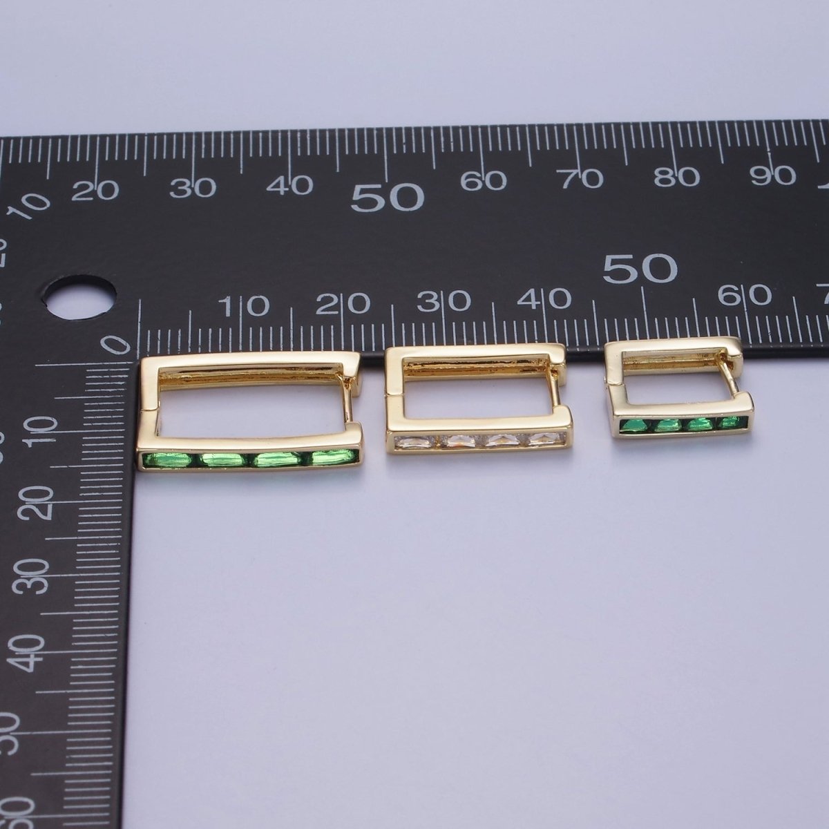 14K Gold Filled Green Baguette CZ Lined Rectangular Hoop Earrings | AB1340 - AB1342 - DLUXCA