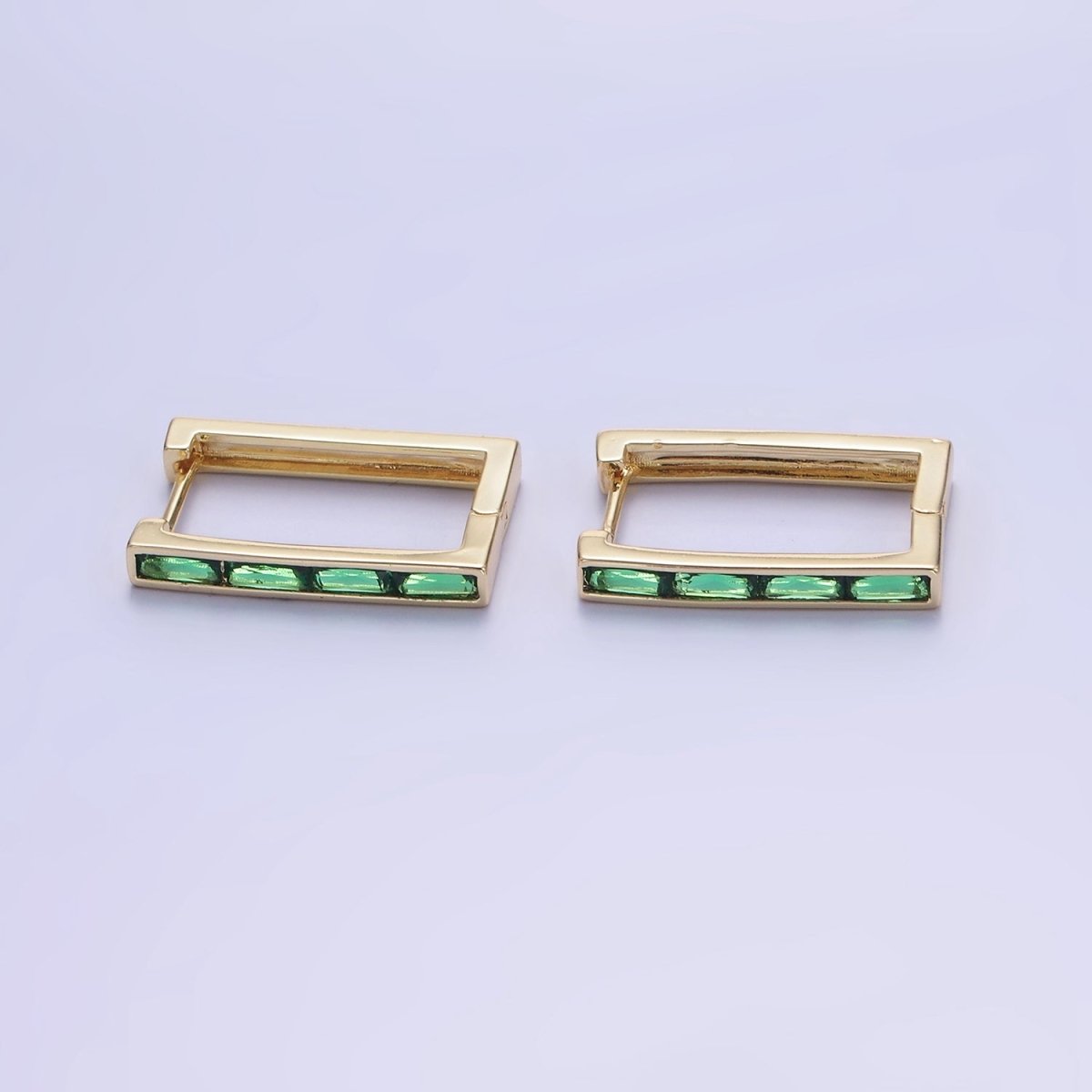 14K Gold Filled Green Baguette CZ Lined Rectangular Hoop Earrings | AB1340 - AB1342 - DLUXCA