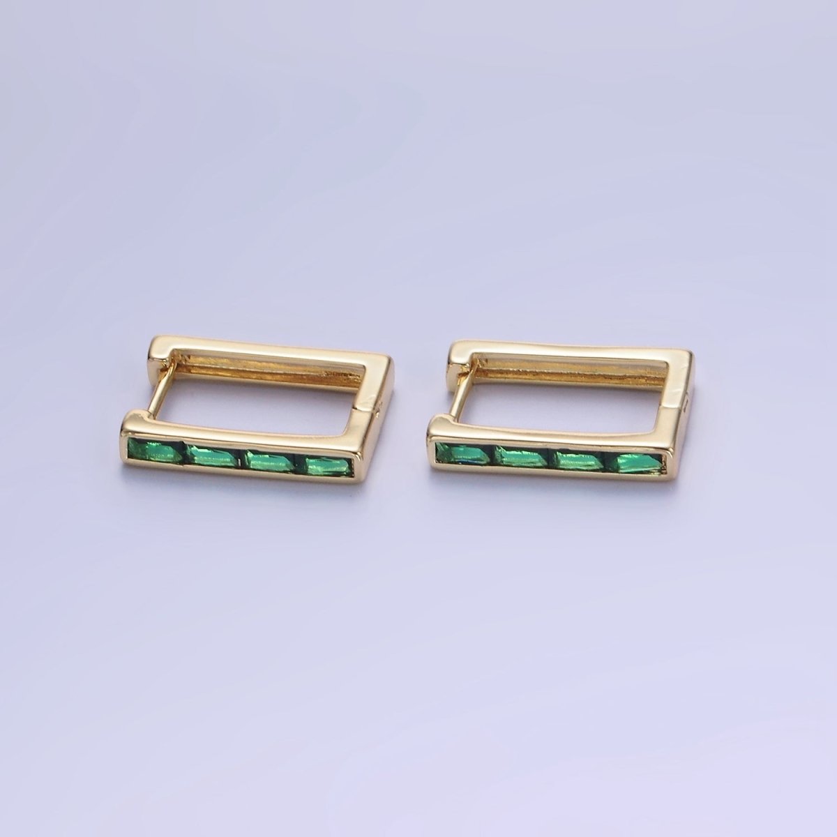 14K Gold Filled Green Baguette CZ Lined Rectangular Hoop Earrings | AB1340 - AB1342 - DLUXCA