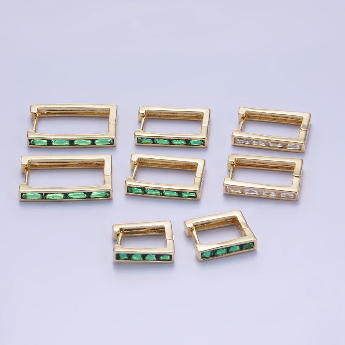 14K Gold Filled Green Baguette CZ Lined Rectangular Hoop Earrings | AB1340 - AB1342 - DLUXCA