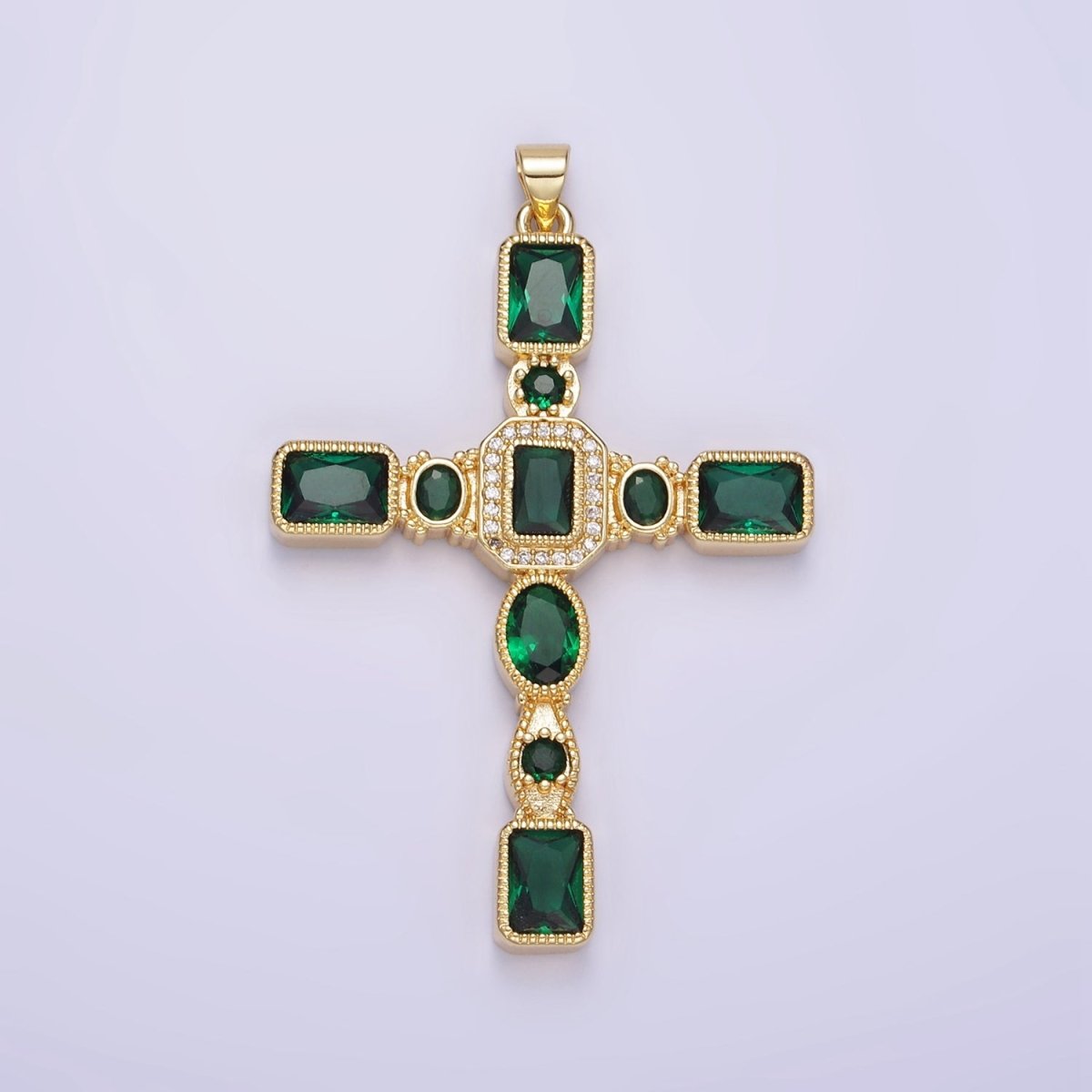 Gold Emerald & Brilliant Cut Diamond Cross Pendant Elegant Gold Ornate Pave CZ Cross Brooche w/Emerald. main image 2