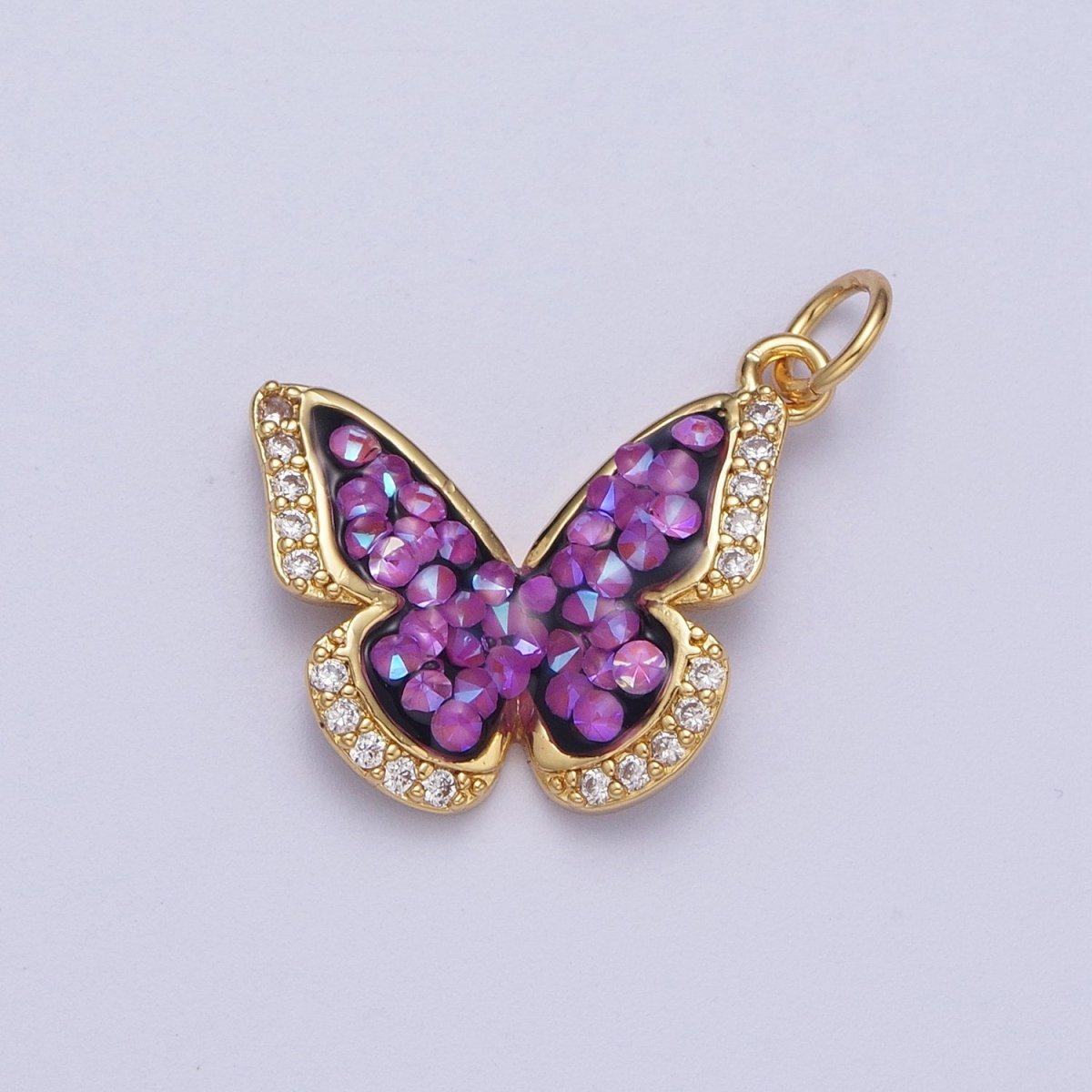 14K Gold Filled Green, Pink, Purple, Blue AB Micro Paved CZ Monarch Butterfly Charm in Gold & Silver | W77 - W780 - DLUXCA