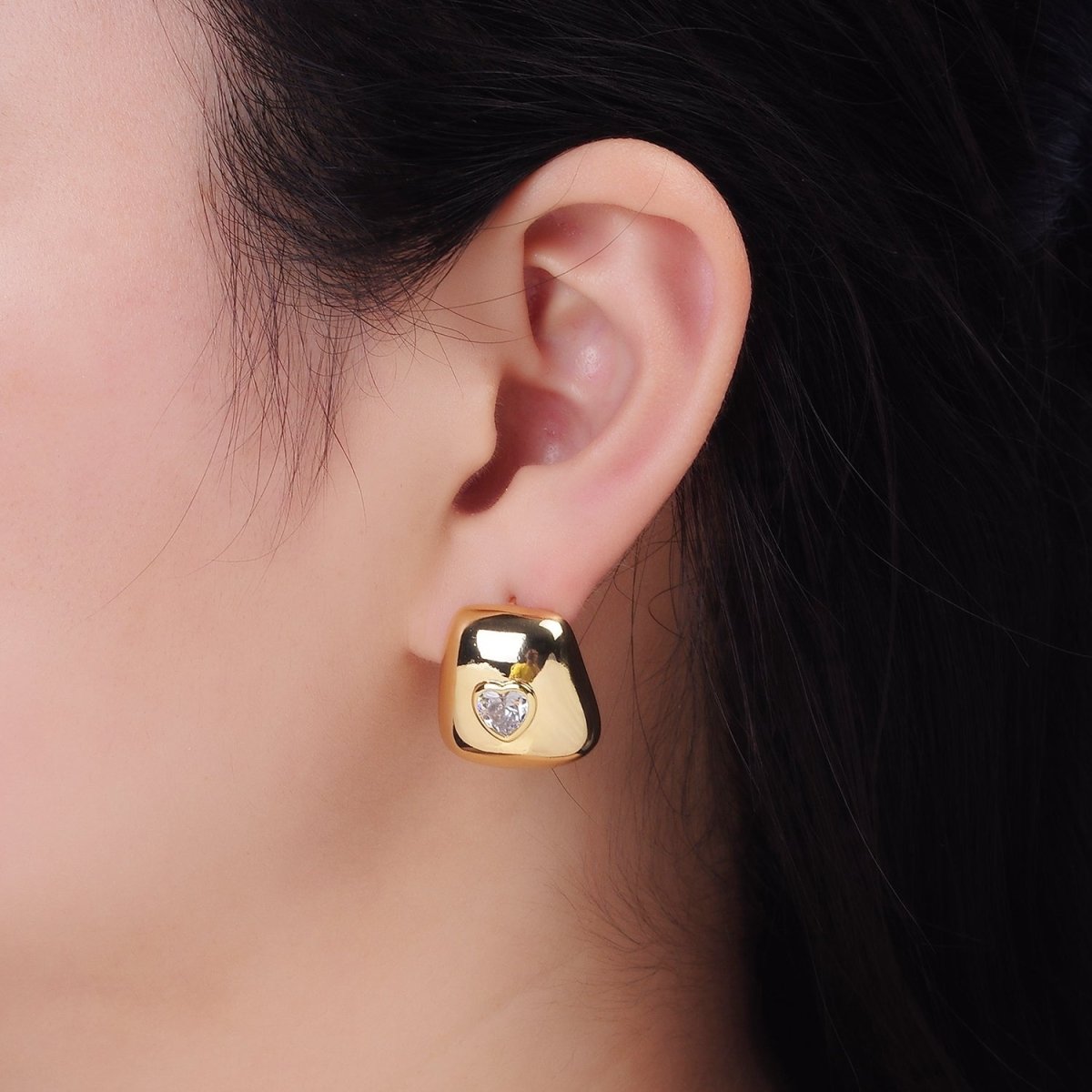 14K Gold Filled Heart CZ Square Dome Stud Earrings in Gold & Silver | Q312 Q313 - DLUXCA