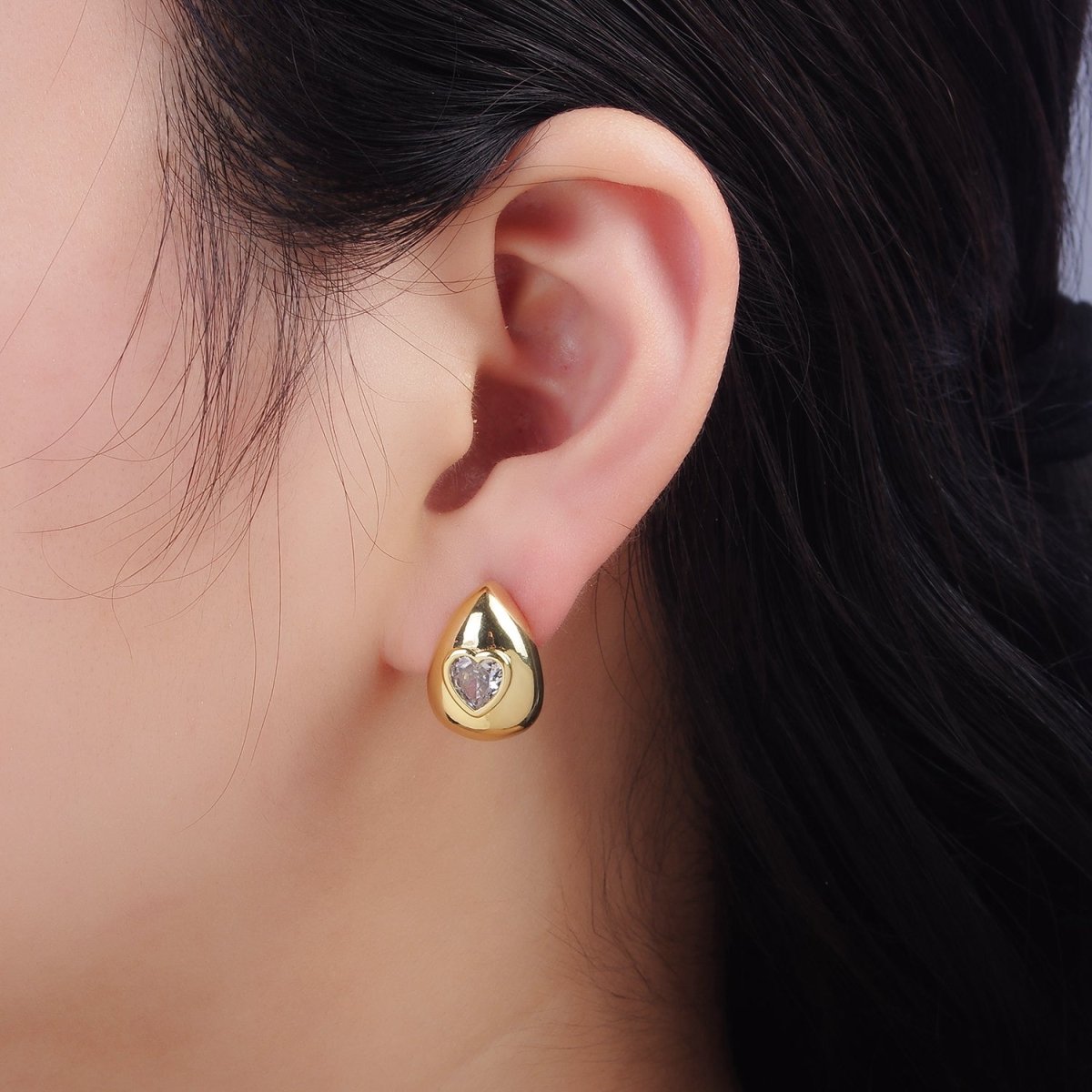 14K Gold Filled Heart CZ Teardrop Dome Stud Earrings | P514 - DLUXCA