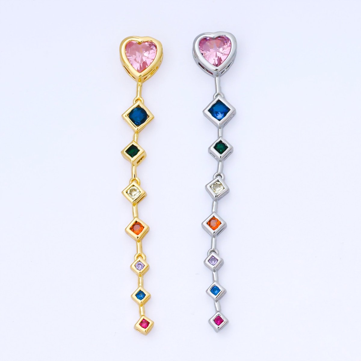 14K Gold Filled Heart Rhombus Multicolor CZ Drop Bead in Gold & Silver | B481 - DLUXCA