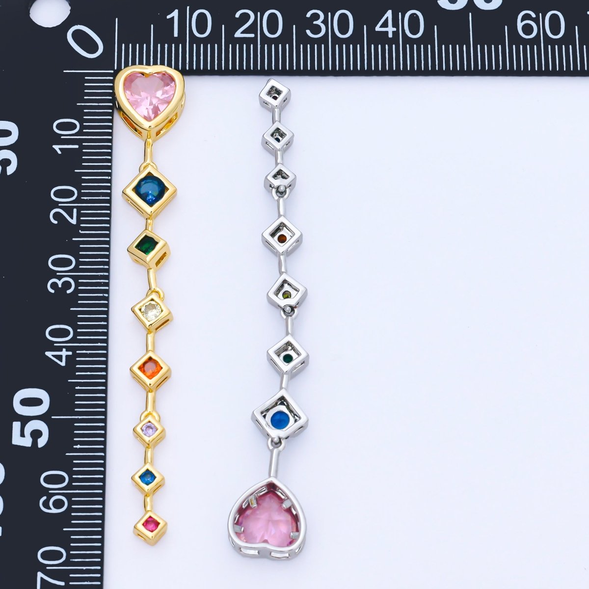14K Gold Filled Heart Rhombus Multicolor CZ Drop Bead in Gold & Silver | B481 - DLUXCA