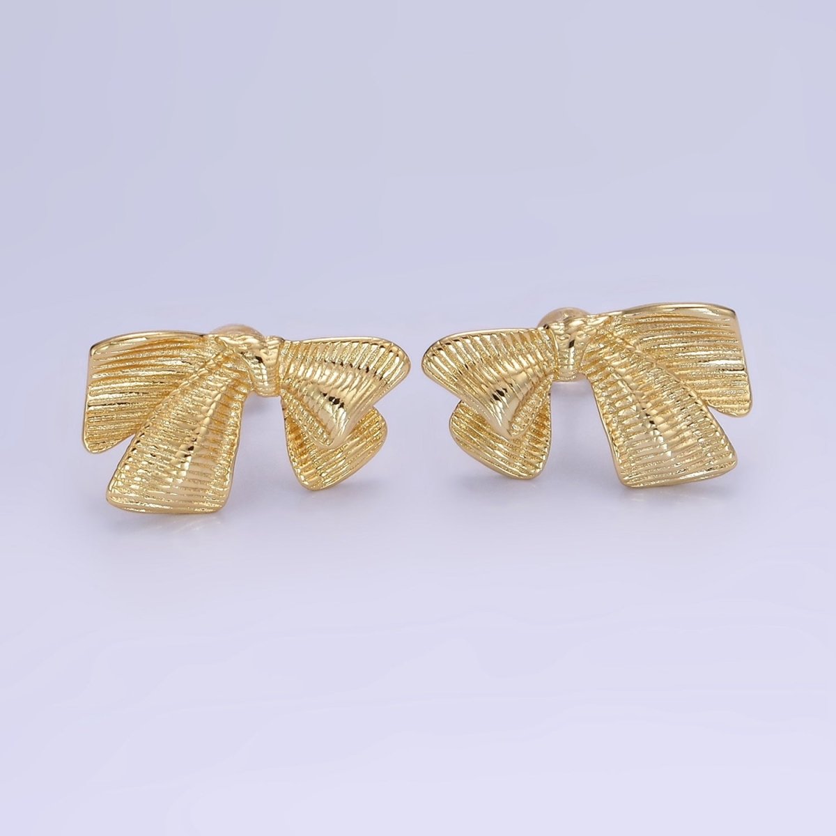 14K Gold Filled Line-Textured Ribbon Bow Stud Earrings | P503 - DLUXCA