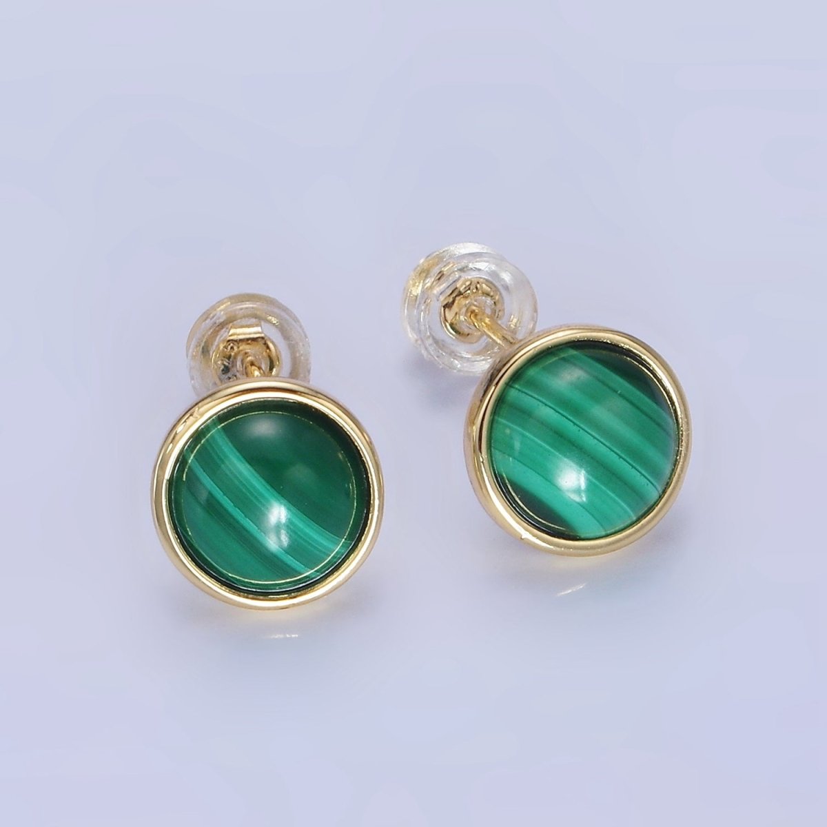 14K Gold Filled Malachite Gemstone Round Bezel Stud Earrings | AB1404 - DLUXCA