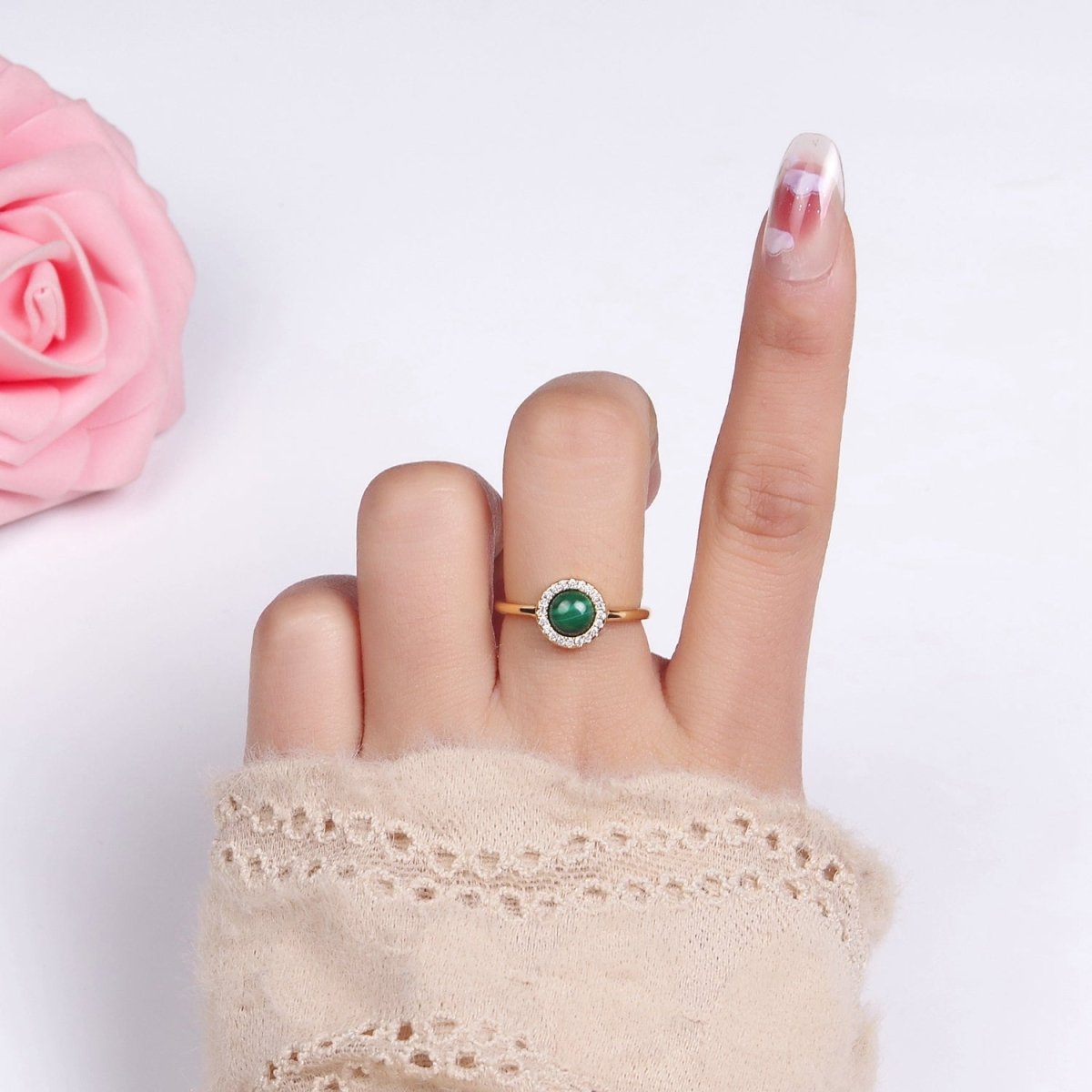 14K Gold Filled Malachite Micro Paved CZ Round Ring | O1356 - DLUXCA