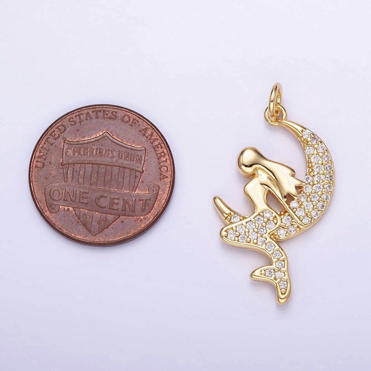 14K Gold Filled Mermaid Crescent Moon Micro Paved CZ Charm | W624 - DLUXCA