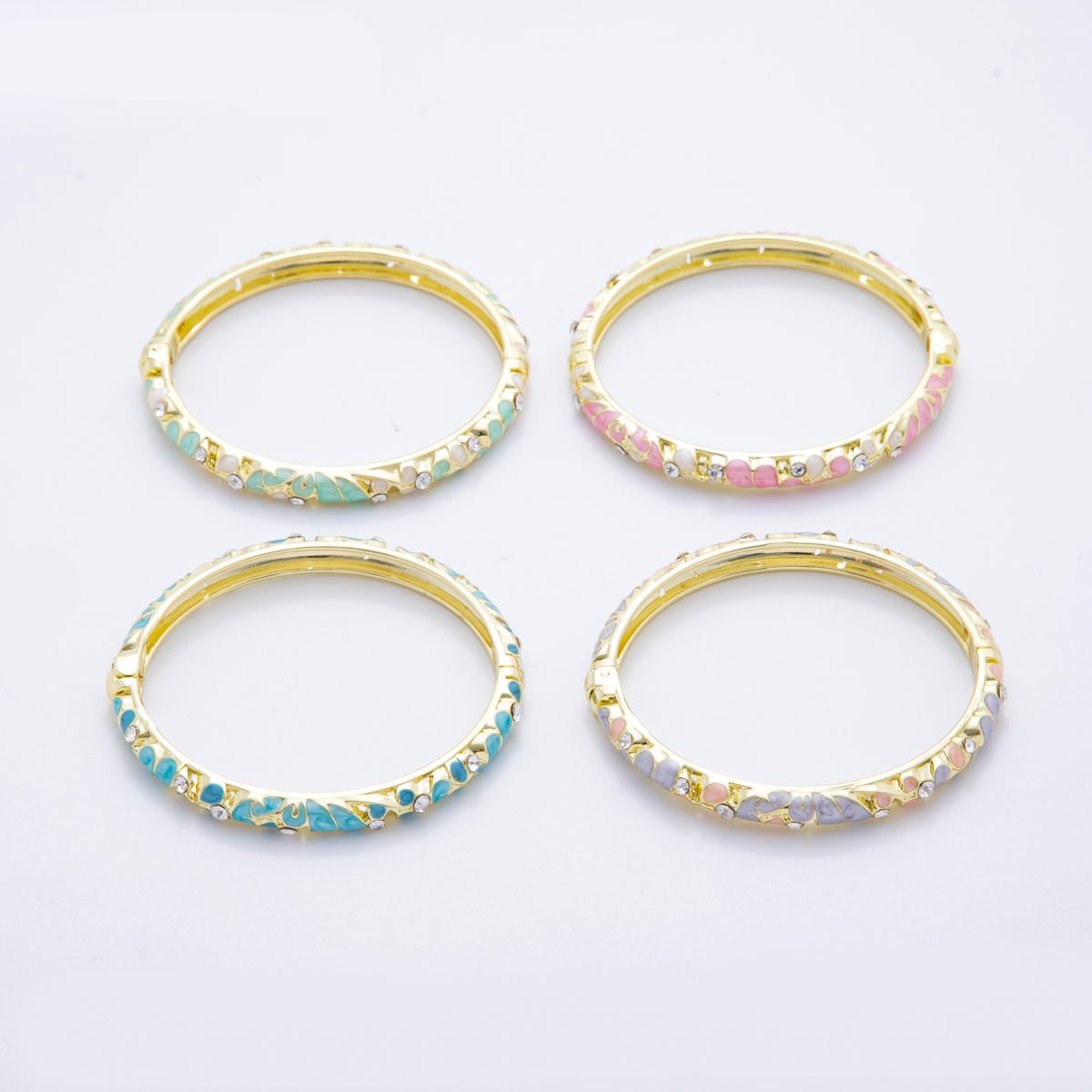 14K Gold Filled Micro Paved CZ Enamel Artisan Pastel Petal Open Round Bangle Bracelet in Purple, Blue, & Green | WA - A3622 - WA - A3625 - DLUXCA