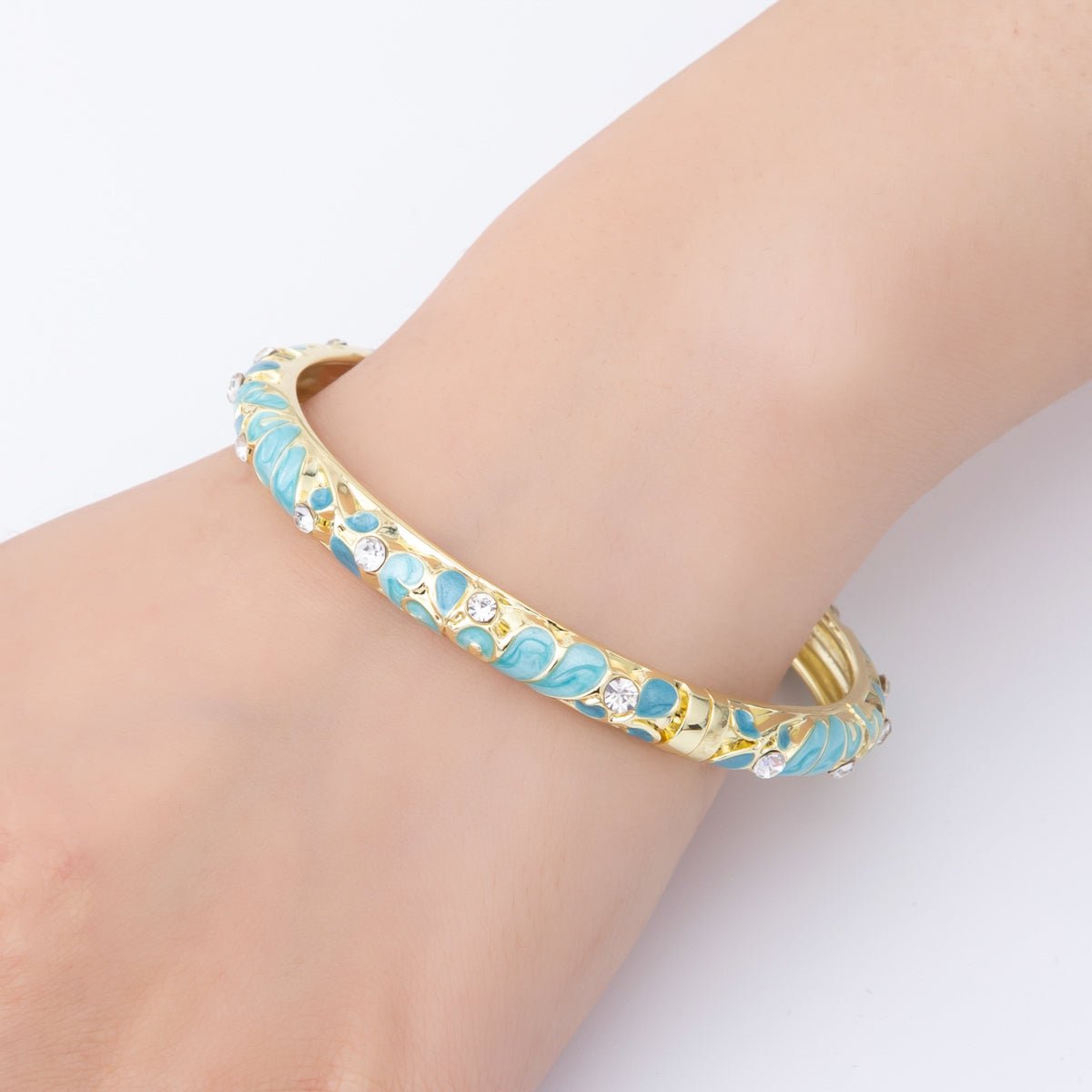 14K Gold Filled Micro Paved CZ Enamel Artisan Pastel Petal Open Round Bangle Bracelet in Purple, Blue, & Green | WA - A3622 - WA - A3625 - DLUXCA
