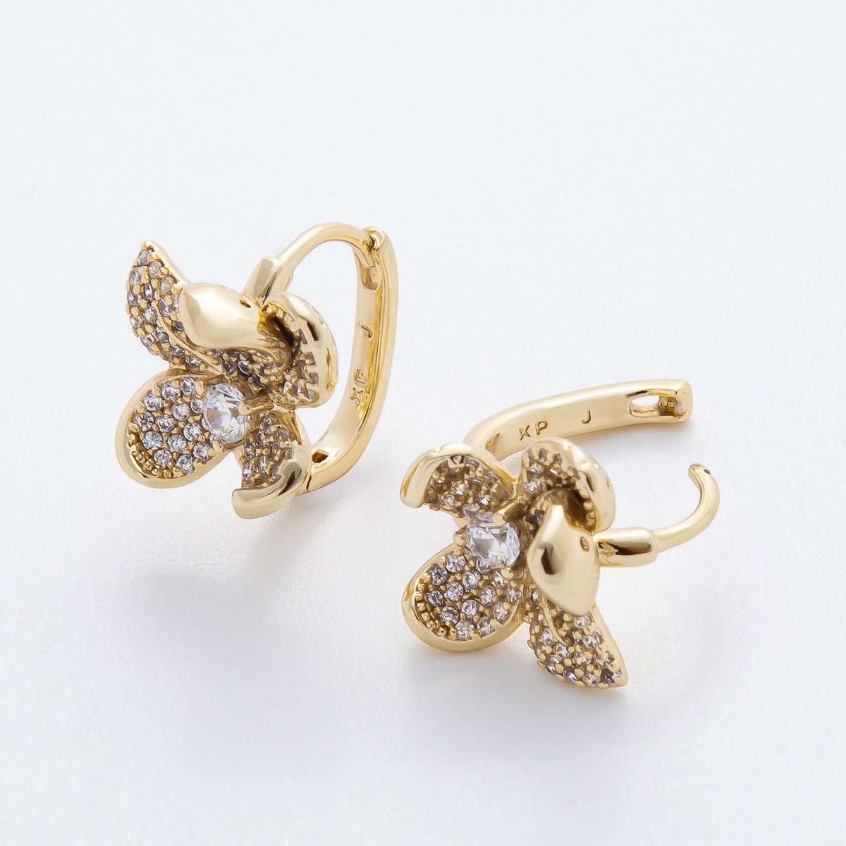 14K Gold Filled Micro Paved CZ Open Petal Blooming Floral Hinged Hoop Earrings | AJ246 - DLUXCA