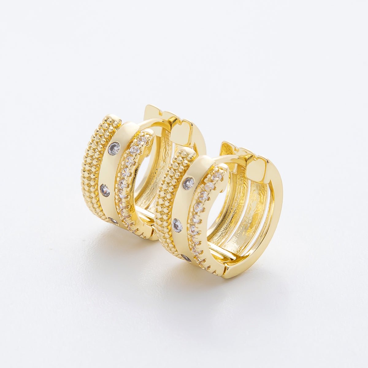 14K Gold Filled Micro Paved CZ Triple Theme Huggie Hoops Earrings | AJ226 AJ227 - DLUXCA