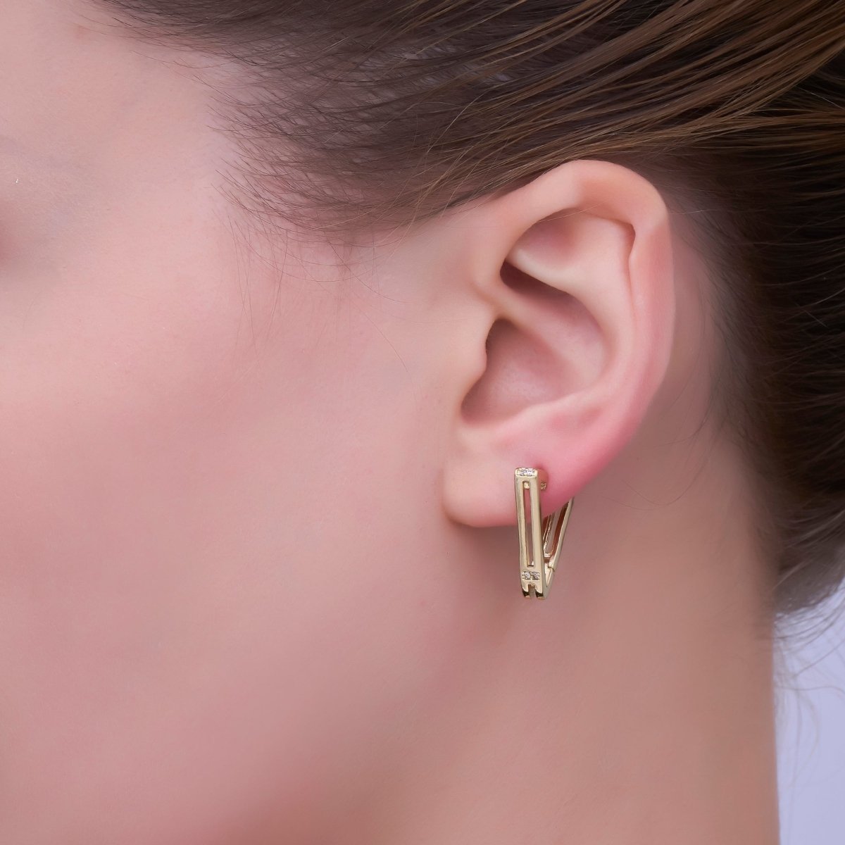 14K Gold Filled Micro Paved CZ V - Shaped Hoop Earrings in Gold & Silver | AB987 - DLUXCA