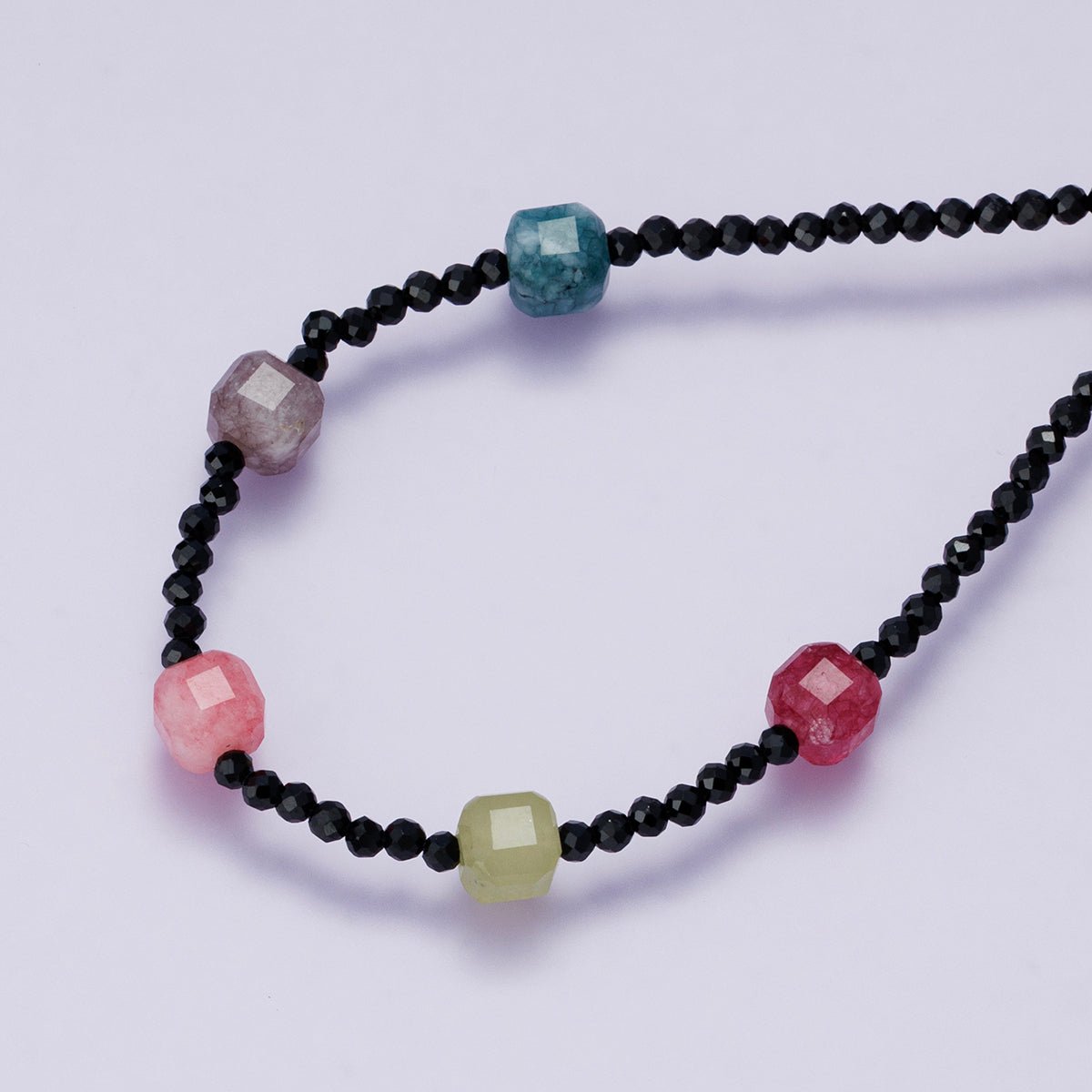 14K Gold Filled Multicolor Black Multifaceted Gemstone Figaro Chain Half 18 Inch Necklace w. Extender | WA - 04226 - DLUXCA