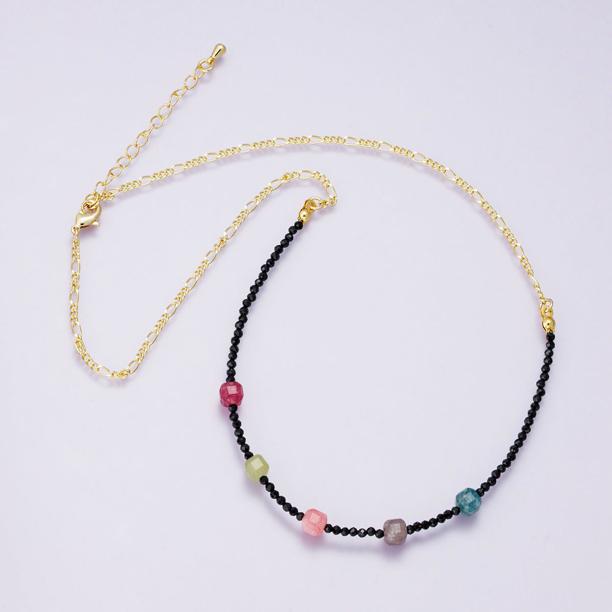 14K Gold Filled Multicolor Black Multifaceted Gemstone Figaro Chain Half 18 Inch Necklace w. Extender | WA - 04226 - DLUXCA