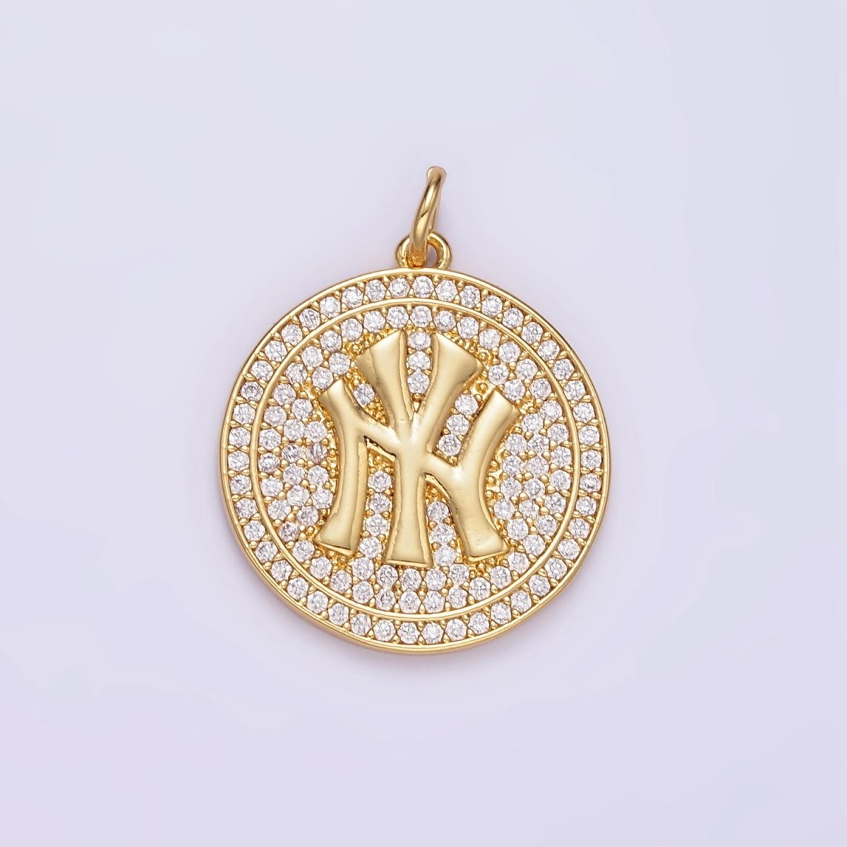 14K Gold Filled New York Yankees Script Micro Paved CZ Round Charm | D525 - DLUXCA