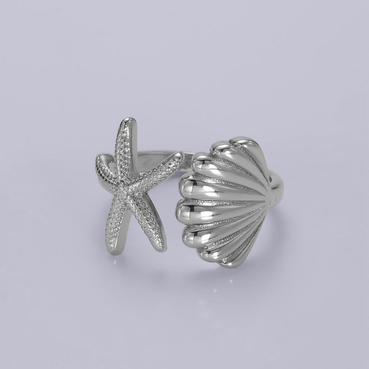 14K Gold Filled Ocean Starfish Clam Sea Shell Open Wrap Ring in Gold & Silver | O333 - DLUXCA