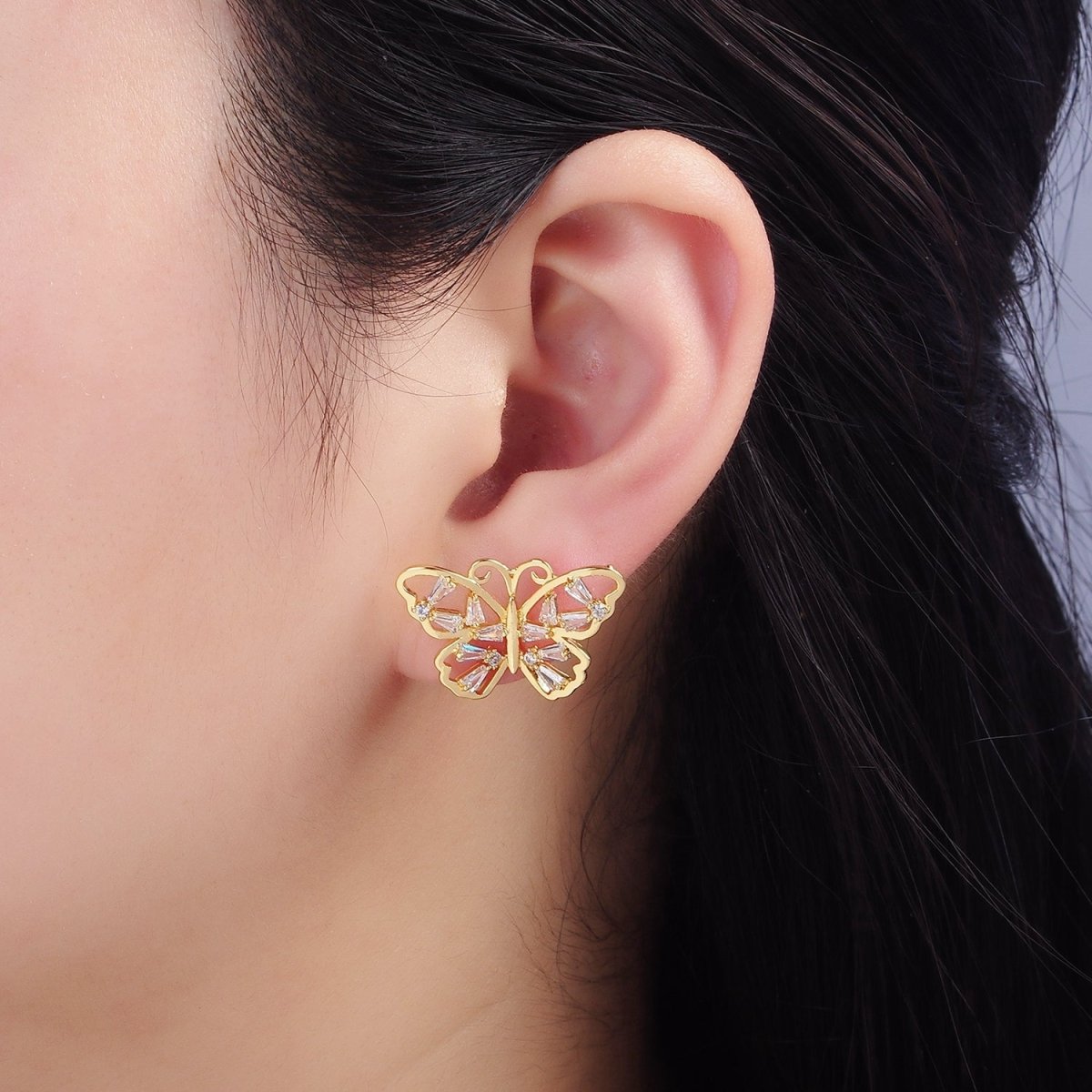 14K Gold Filled Open Baguette Butterfly Stud Earrings | Q196 - DLUXCA