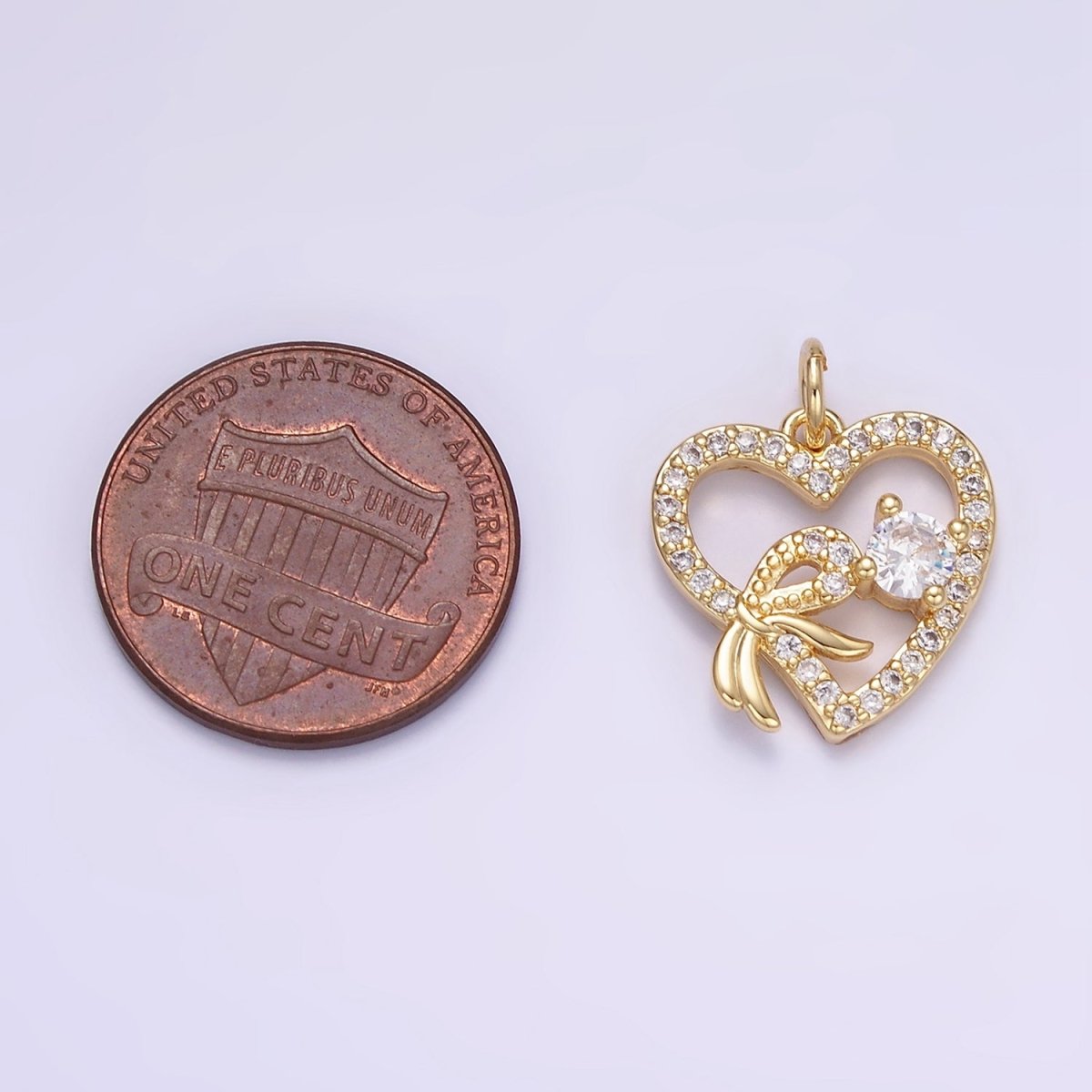 14K Gold Filled Open Heart Ribbon Micro Paved CZ Charm | W674 - DLUXCA