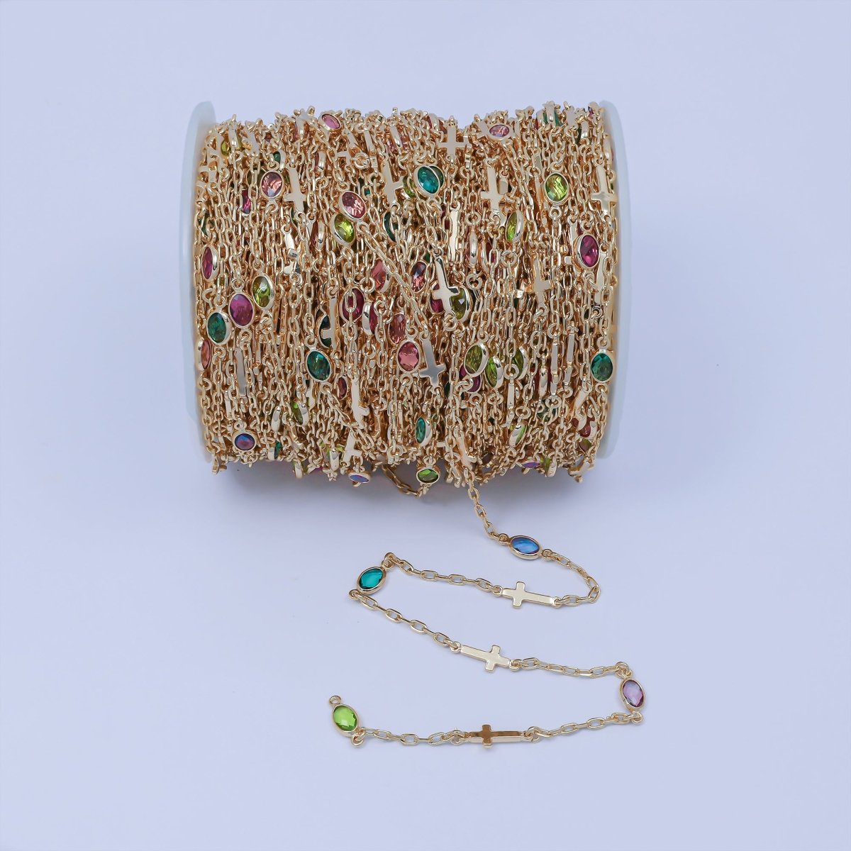 14K Gold Filled Oval Colorful Diamond Bezel Cut Chain by Yard Sideway Cross Link Cable Chain for Necklace Bracelet Jewelry Making | ROLL - 1455 - DLUXCA