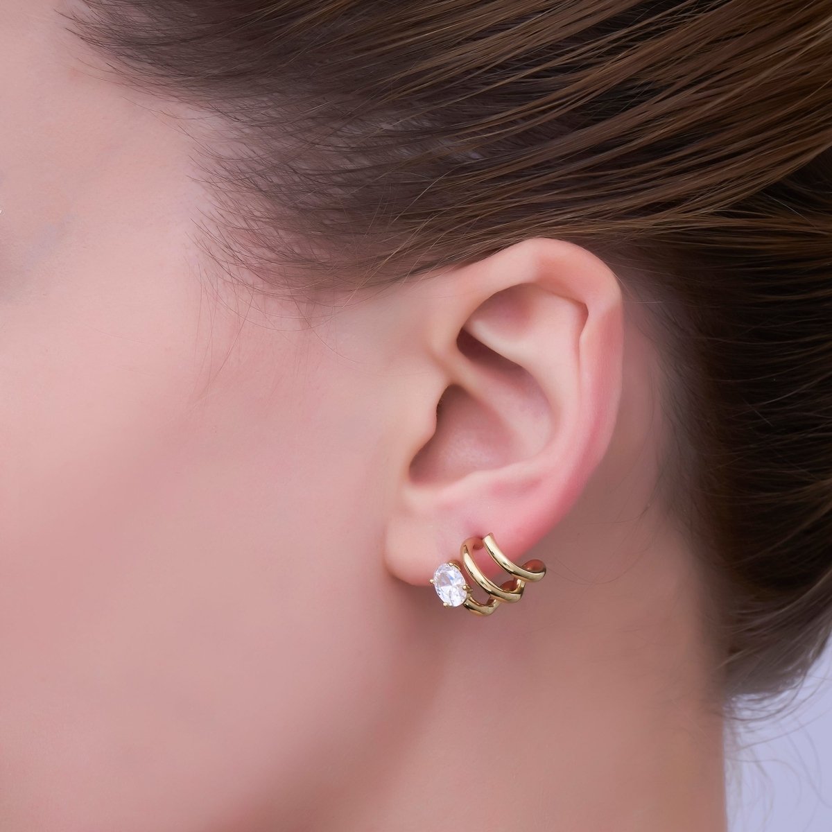 14K Gold Filled Oval CZ Triple Bar Claw C - Shaped Cartilage Hoop Earrings | AB990 - DLUXCA