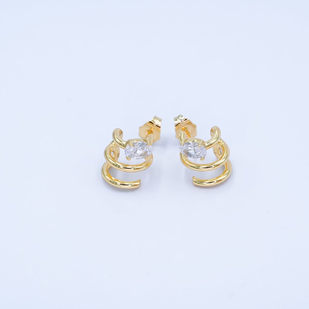 14K Gold Filled Oval CZ Triple Bar Claw C - Shaped Cartilage Hoop Earrings | AB990 - DLUXCA