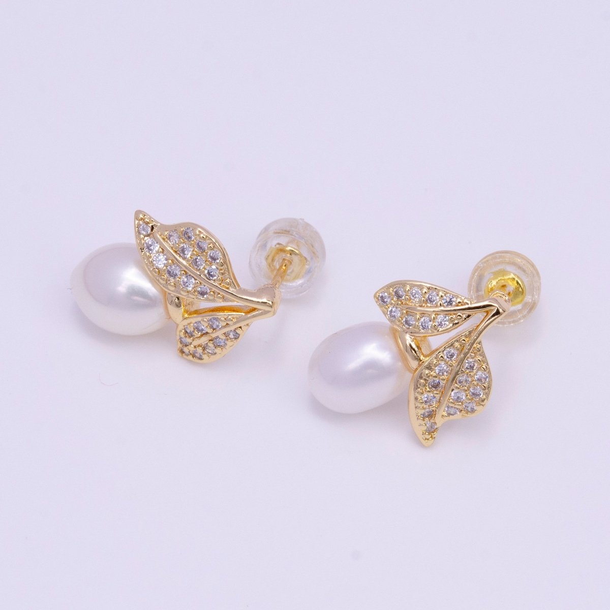 14K Gold Filled Pearl Micro Paved CZ Leaf Stud Earrings in Gold & Silver | Y849 AE794 - DLUXCA