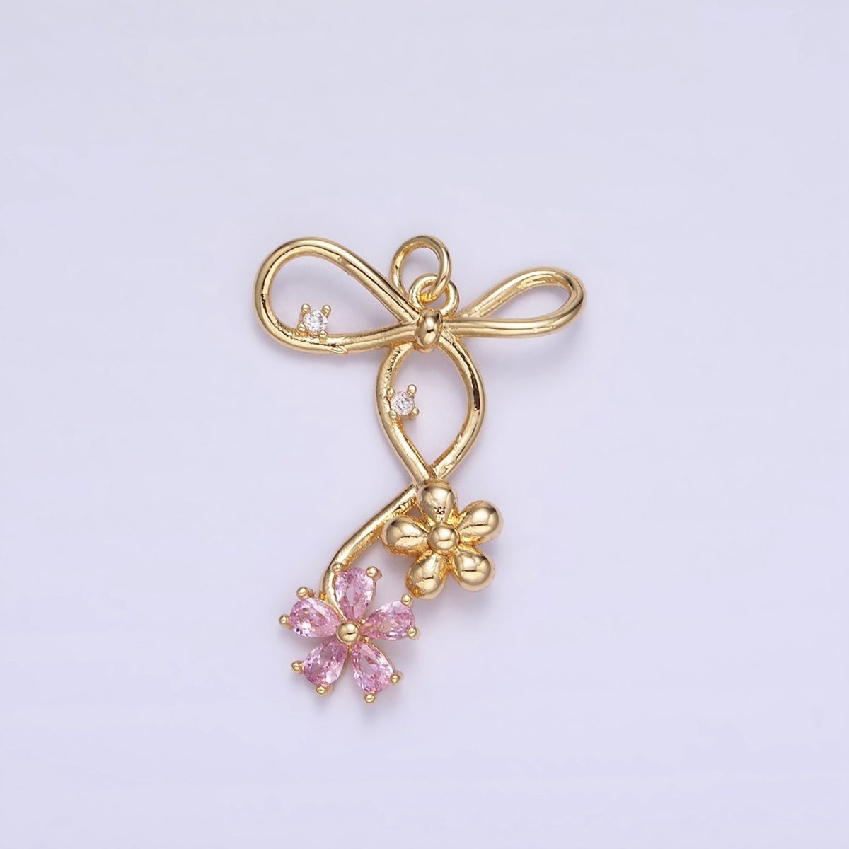 14K Gold Filled Pink, Blue, Clear CZ Flower Ribbon Bow Charm | W770 - W772 - DLUXCA