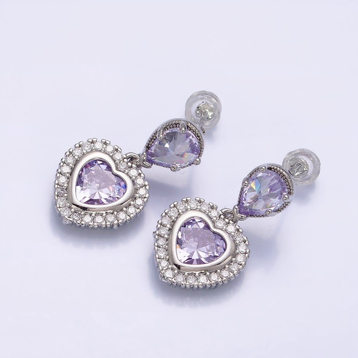 14K Gold Filled Purple Heart Micro Paved CZ Drop Stud Earrings in Gold & Silver | AD1010 AD1011 - DLUXCA
