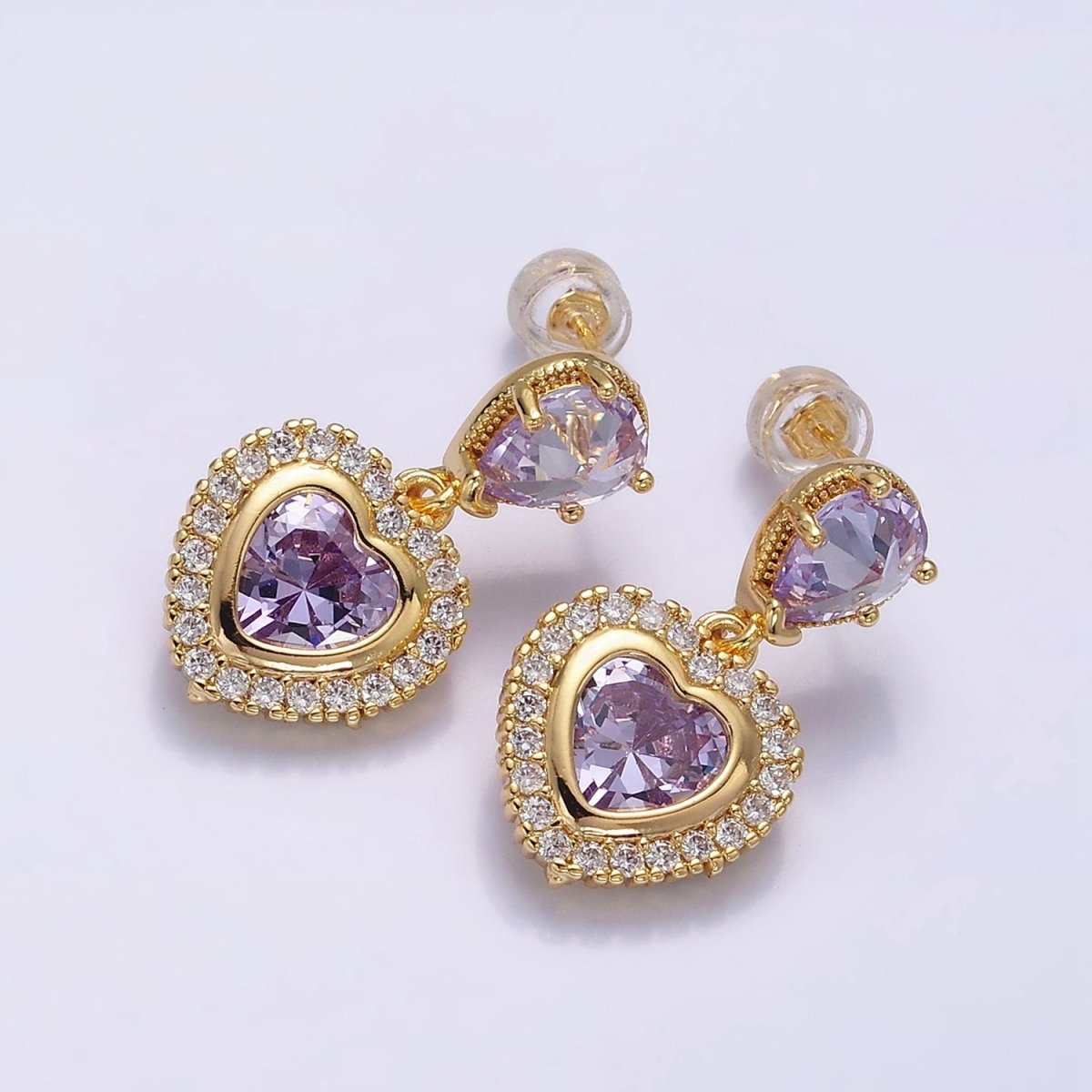 14K Gold Filled Purple Heart Micro Paved CZ Drop Stud Earrings in Gold & Silver | AD1010 AD1011 - DLUXCA