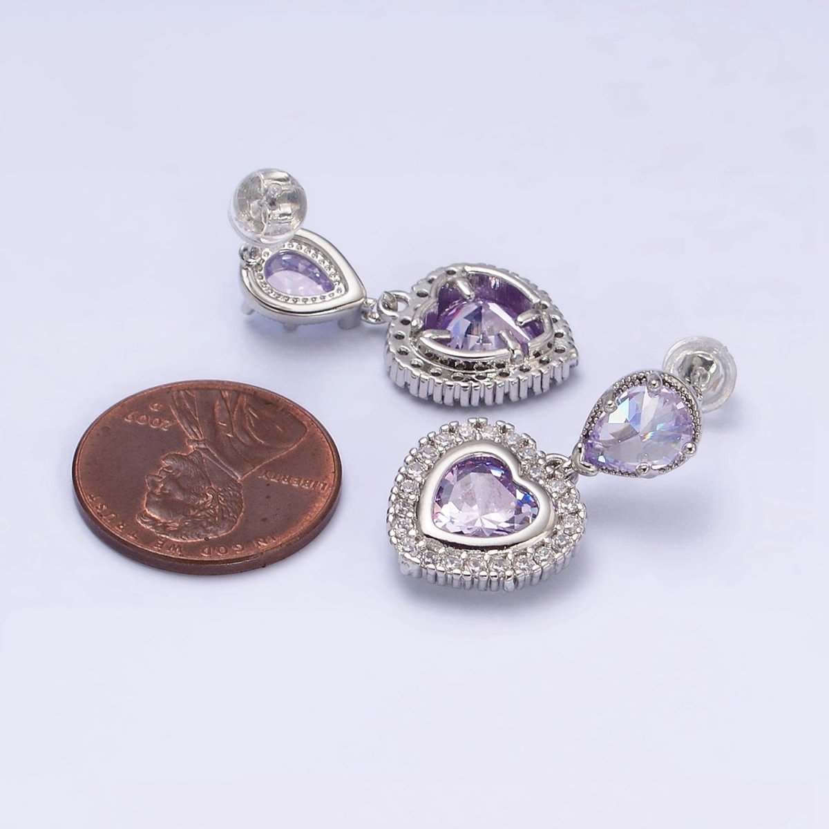 14K Gold Filled Purple Heart Micro Paved CZ Drop Stud Earrings in Gold & Silver | AD1010 AD1011 - DLUXCA