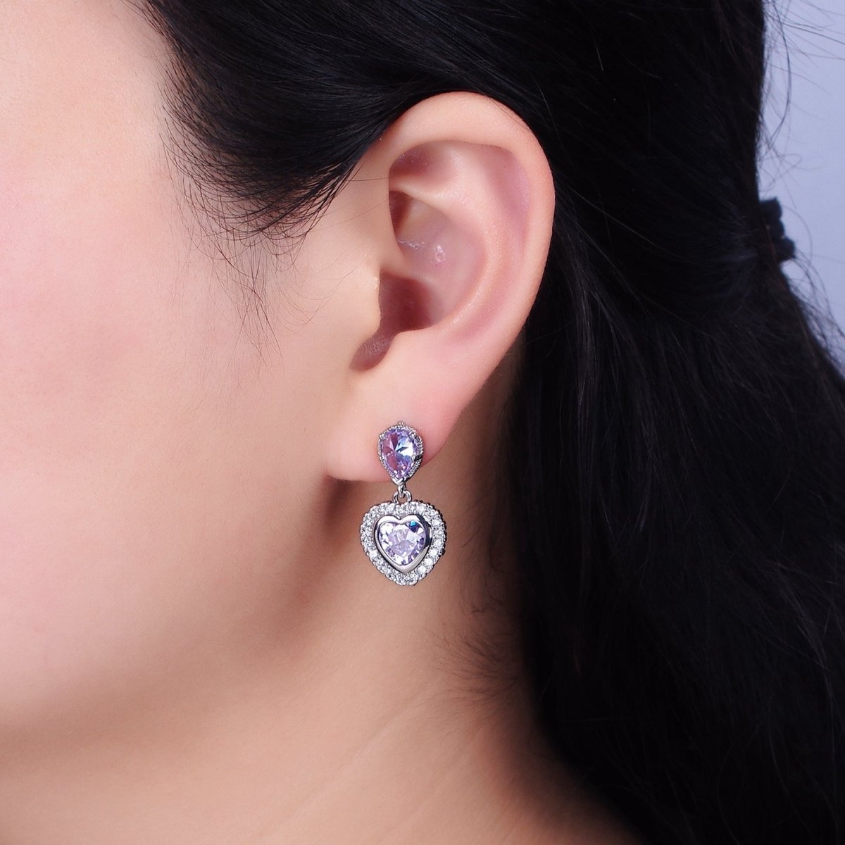 14K Gold Filled Purple Heart Micro Paved CZ Drop Stud Earrings in Gold & Silver | AD1010 AD1011 - DLUXCA