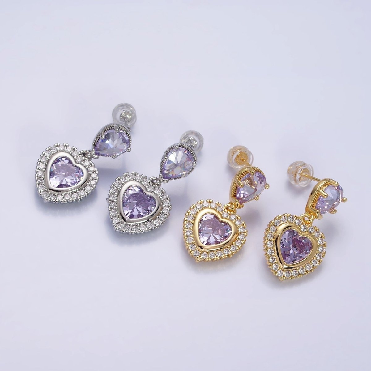 14K Gold Filled Purple Heart Micro Paved CZ Drop Stud Earrings in Gold & Silver | AD1010 AD1011 - DLUXCA