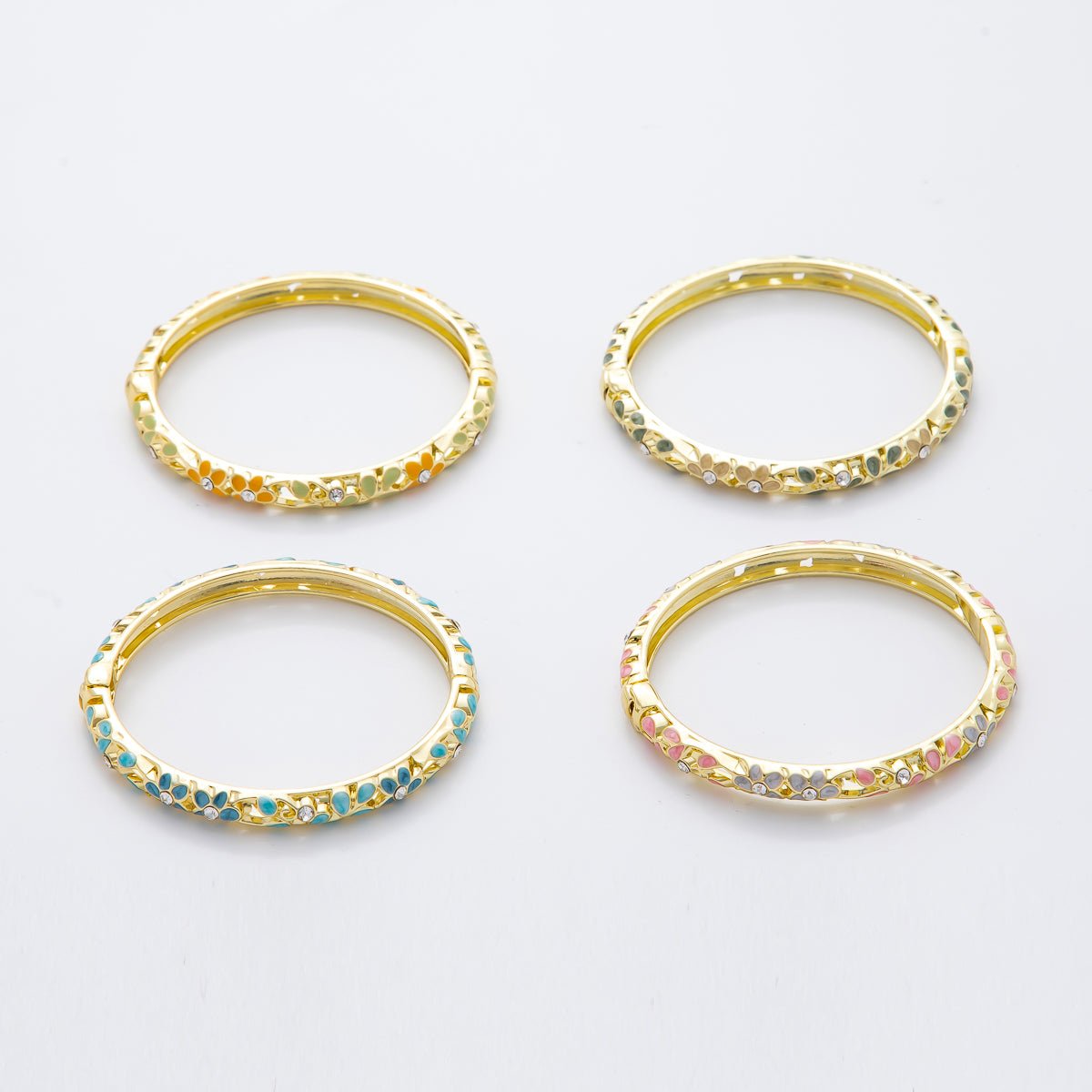 14K Gold Filled Round CZ Enamel Floral Themed Open Round Bangle Bracelet in Pink, Orange, & Blue | WA - 292 WA - 300 WA - 323 WA - 370 - DLUXCA