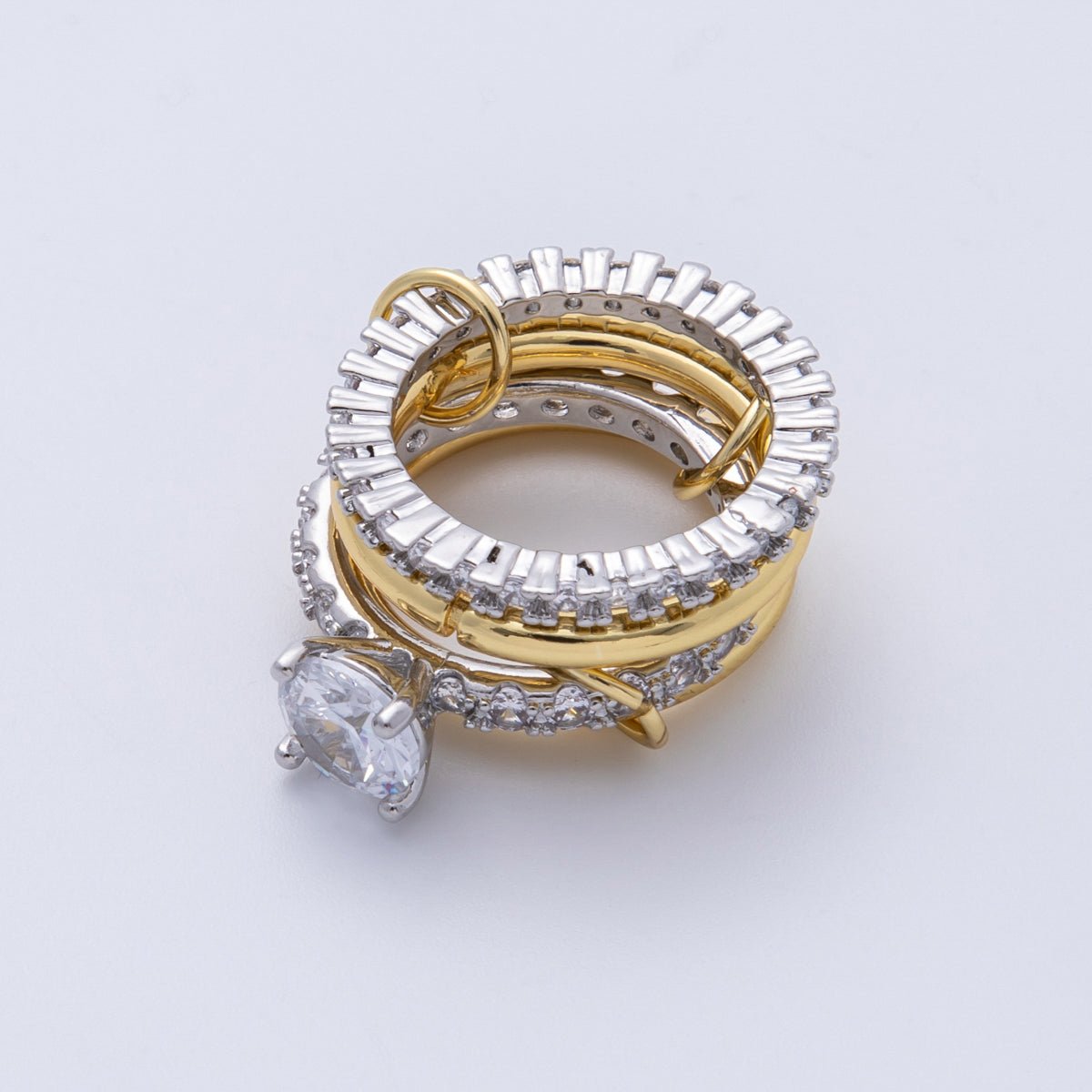 14K Gold Filled Solitaire Micro Paved CZ Interlock Stacked Mixed Metal Ring | O1678 - DLUXCA
