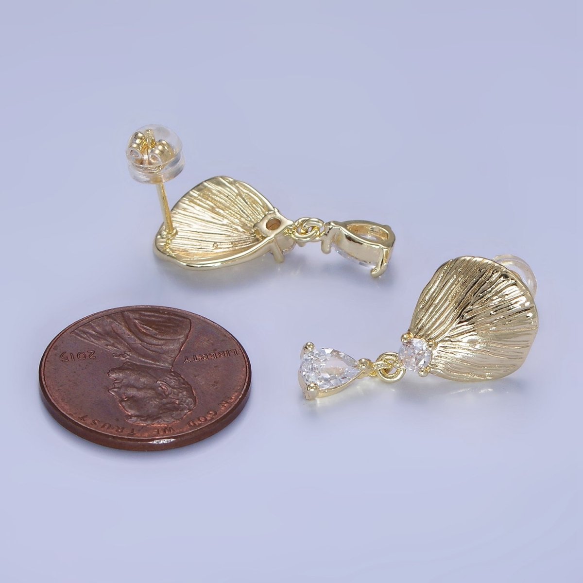 14K Gold Filled Teardrop CZ Clam Shell Drop Stud Earrings | P483 - DLUXCA