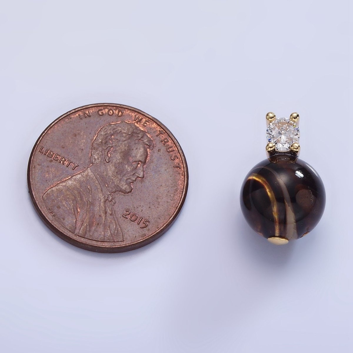 14K Gold Filled Tiger Eye Gemstone Round CZ Drop Pendant | P1791 - DLUXCA