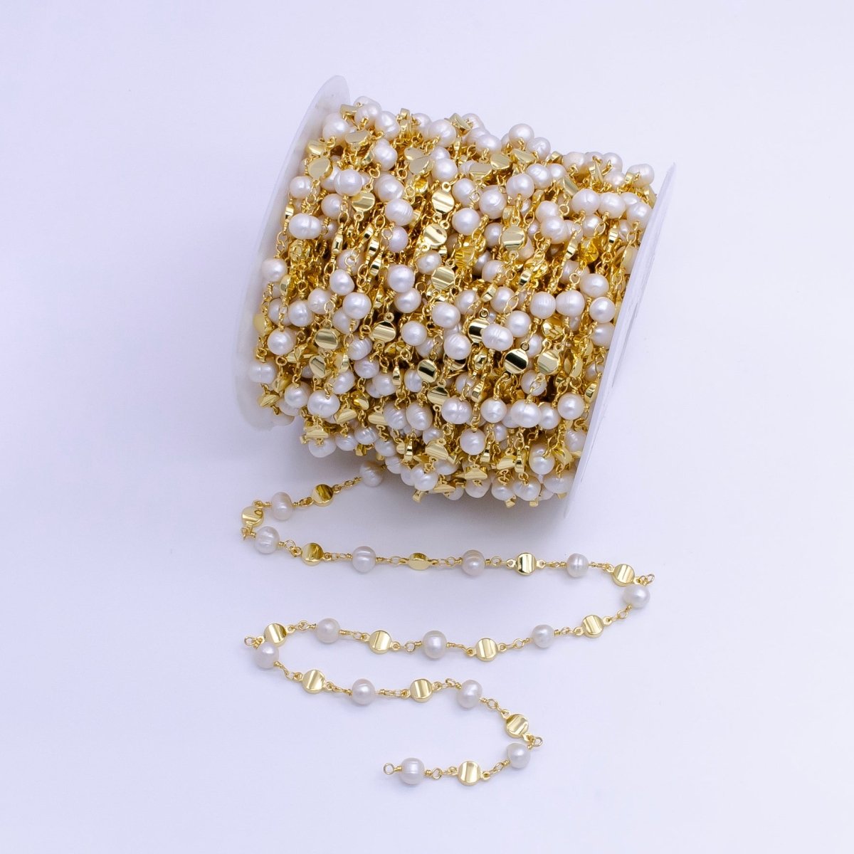 14K Gold Filled Triple Round Disc White Freshwater Pearl Designed Unfinished Chain For Jewelry Making | ROLL - 1411 Clearance Pricing - DLUXCA