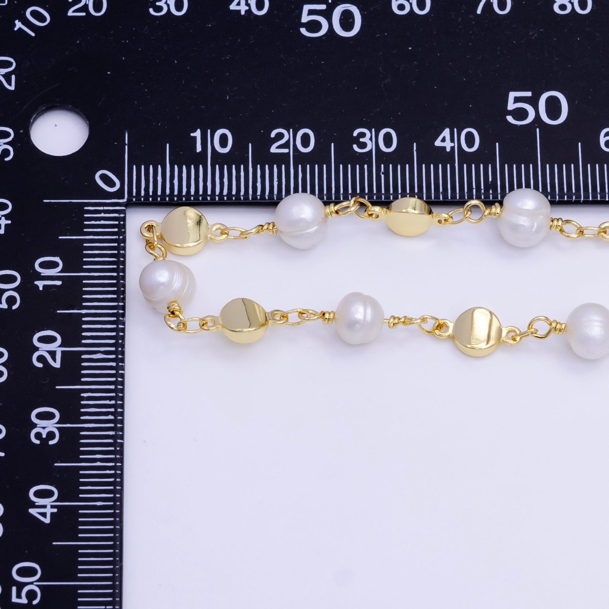 14K Gold Filled Triple Round Disc White Freshwater Pearl Designed Unfinished Chain For Jewelry Making | ROLL - 1411 Clearance Pricing - DLUXCA