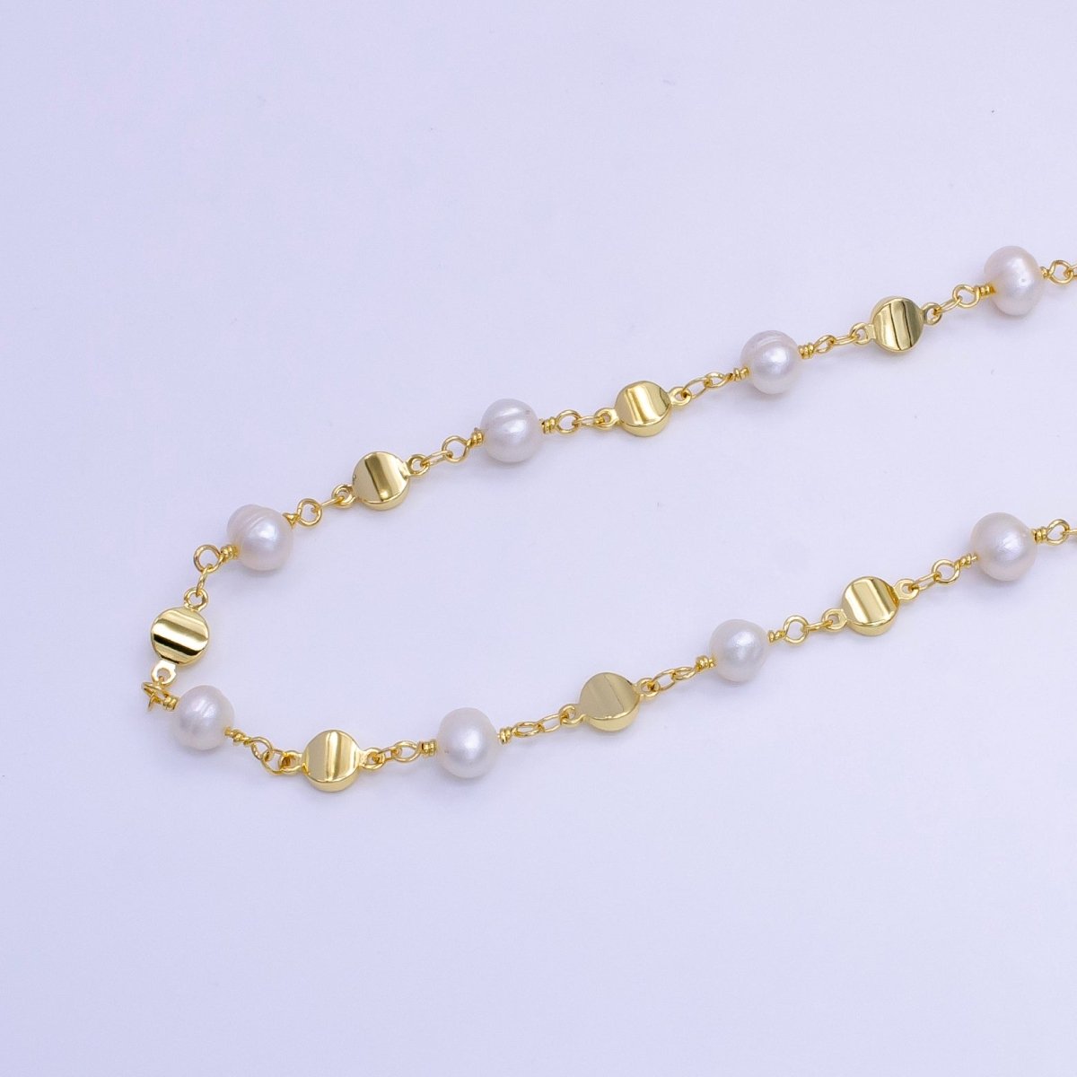 14K Gold Filled Triple Round Disc White Freshwater Pearl Designed Unfinished Chain For Jewelry Making | ROLL - 1411 Clearance Pricing - DLUXCA