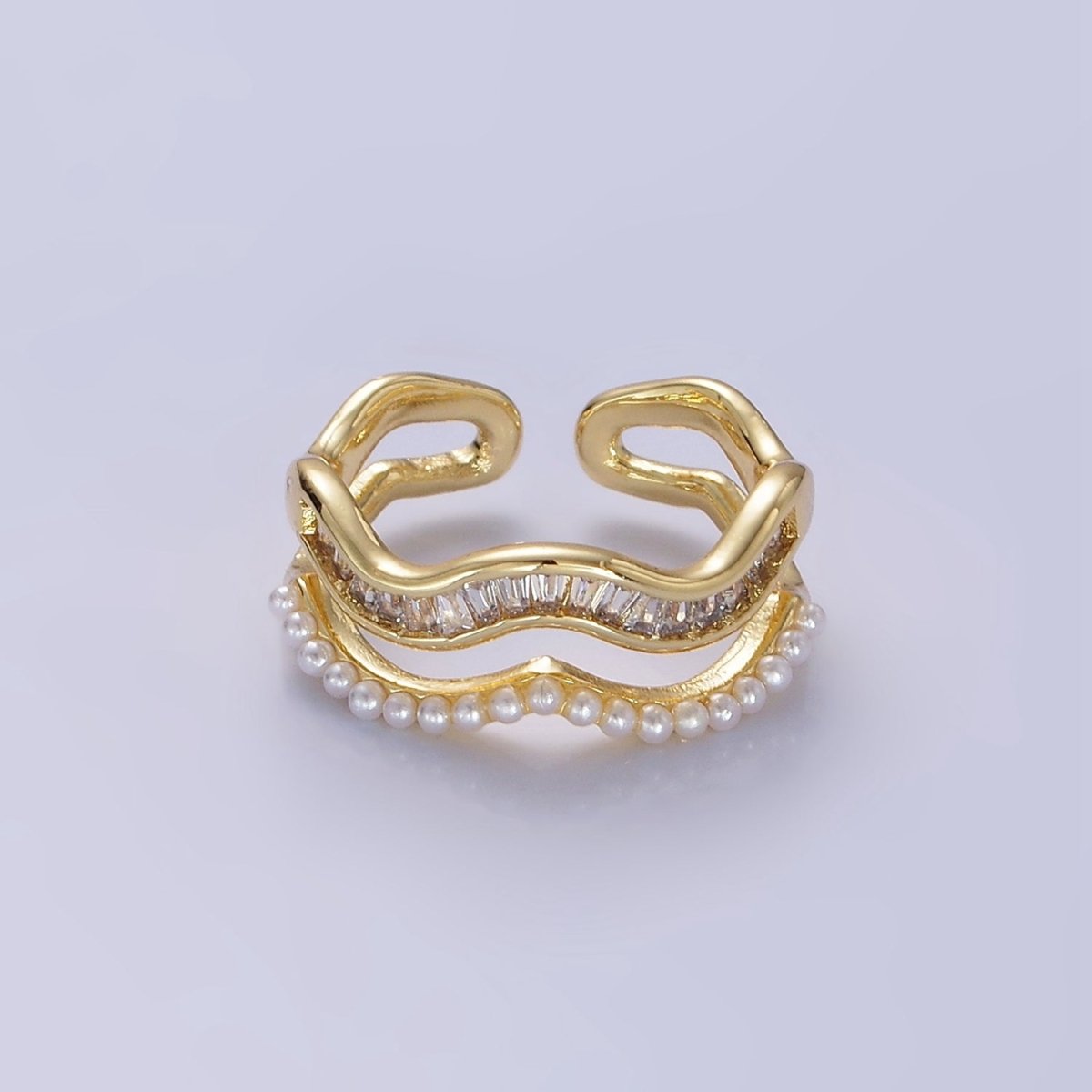 14K Gold Filled Wavy Baguette Pearl Double Band Ring | O094 - DLUXCA