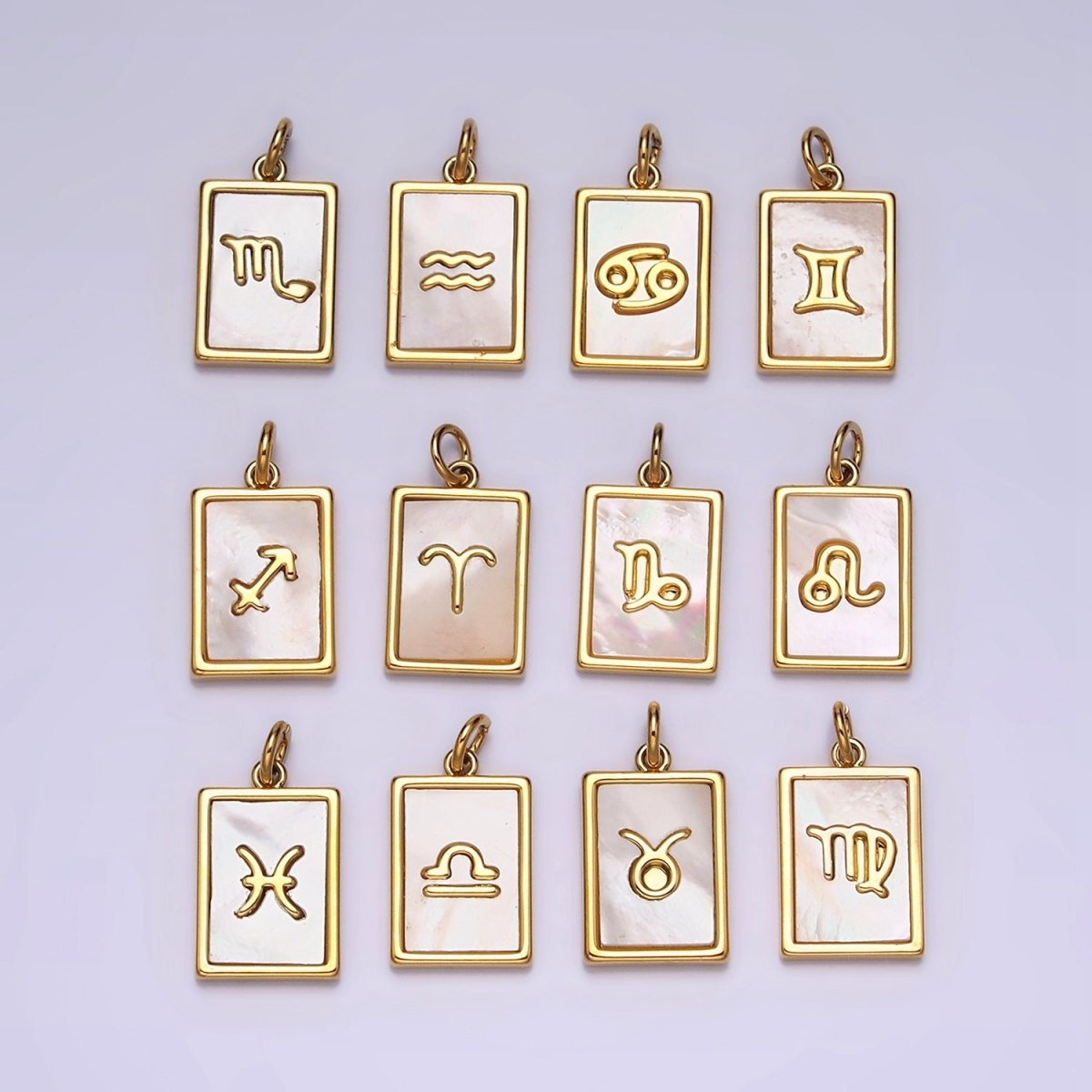 14K Gold Filled Zodiac Sign Shell Pearl Rectangular Tag Charm | A1247 - A1258 - DLUXCA