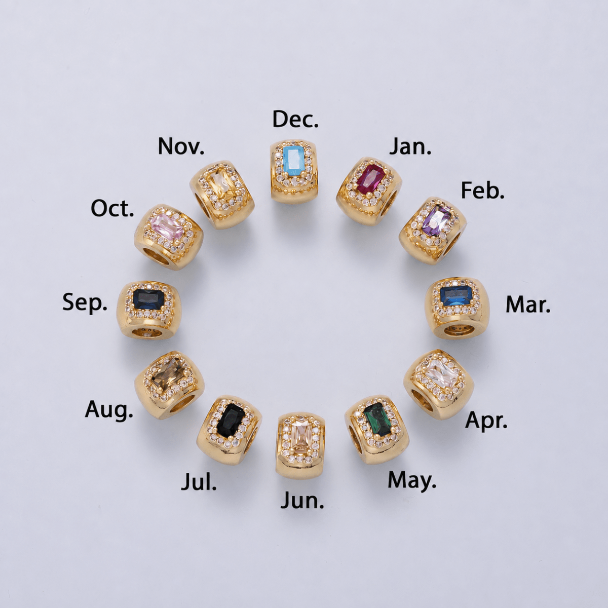 16K Gold Filled 10mm Birthstone Baguette Micro Paved CZ Chubby Rondelle Bead | Beads-00363 ~ Beads-00374 - DLUXCA