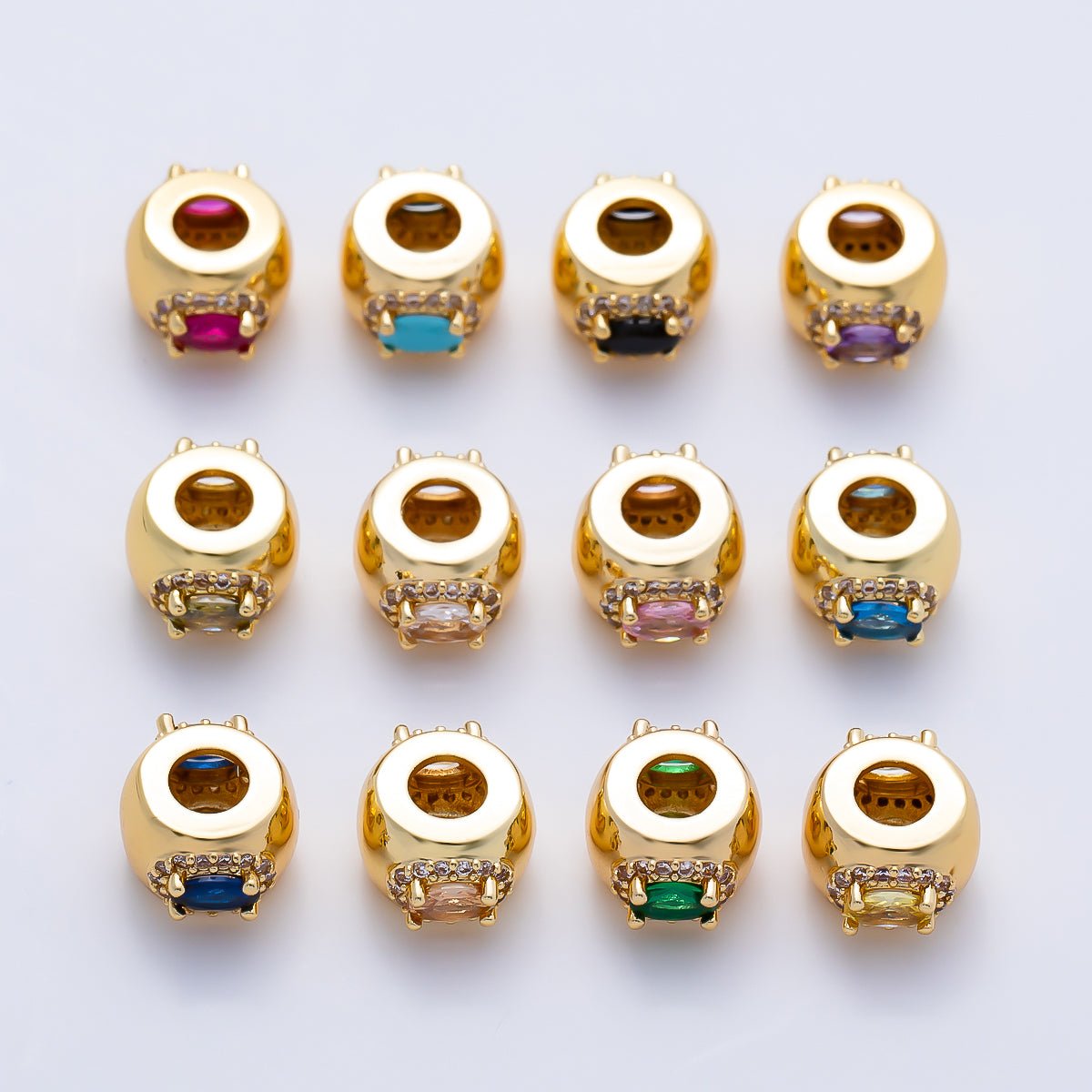 16K Gold Filled 10mm Birthstone Oval Micro Paved CZ Chubby Rondelle Bead | Beads-00375 ~ Beads-00386 - DLUXCA