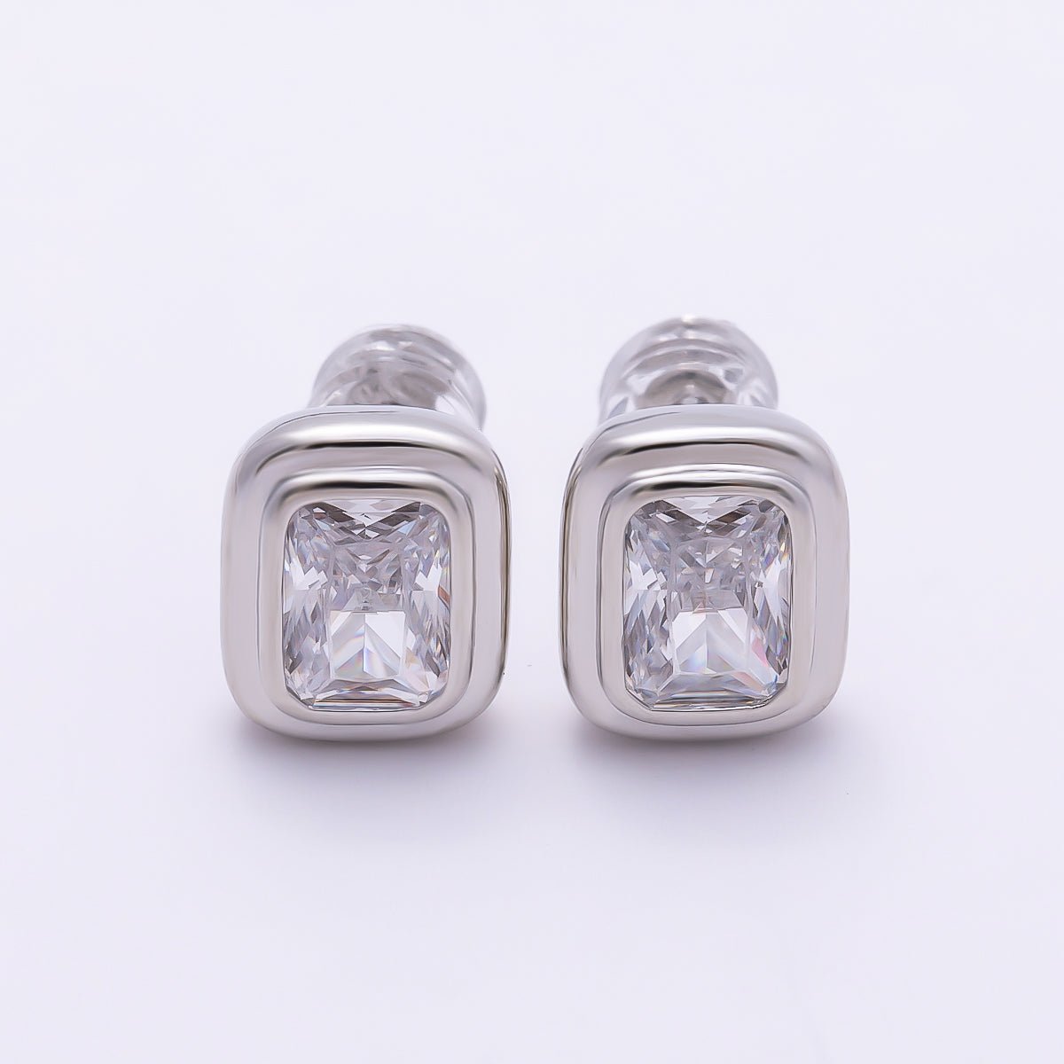 16K Gold Filled 10mm Clear CZ Baguette Bezel Stud Earrings in Gold & Silver | Earrings-00419 Earrings-00420 - DLUXCA