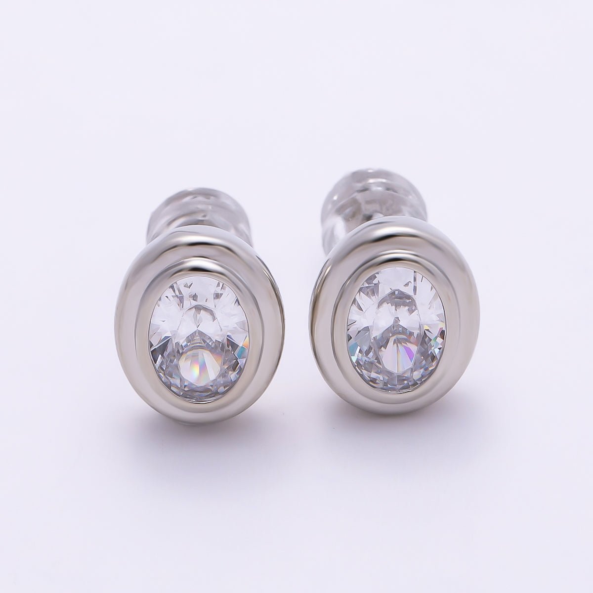 16K Gold Filled 10mm Clear CZ Oval Bezel Stud Earrings in Gold & Silver | Earrings-00413 Earrings-00414 - DLUXCA