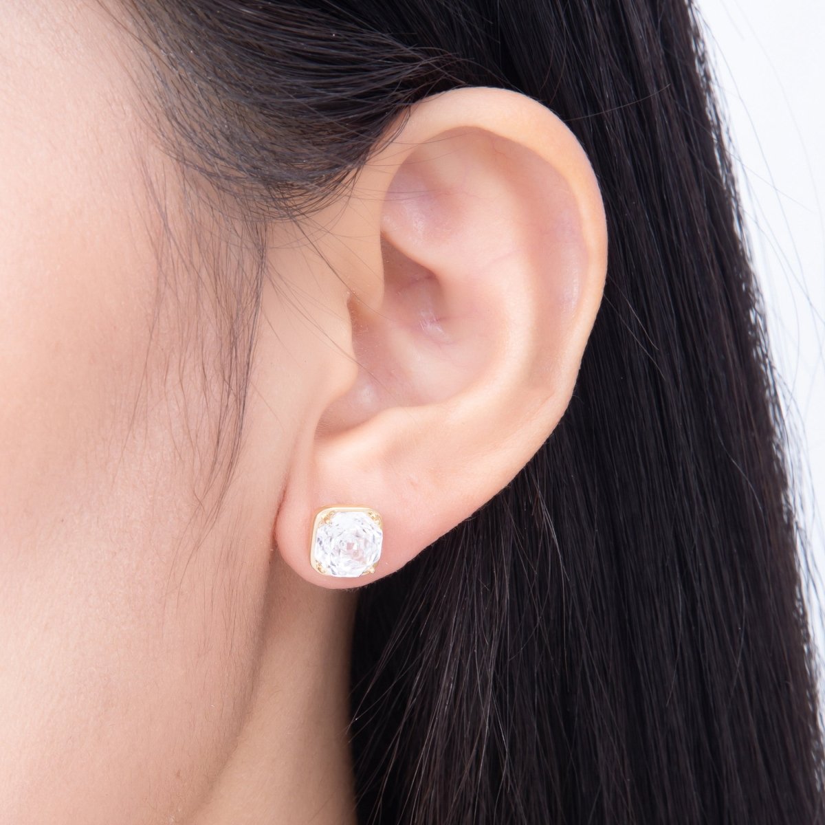 16K Gold Filled 10mm Clear CZ Rhombus Framed Radiant Solitaire Stud Earrings in Gold & Silver | Earrings-00765 - Earrings-00766 - DLUXCA
